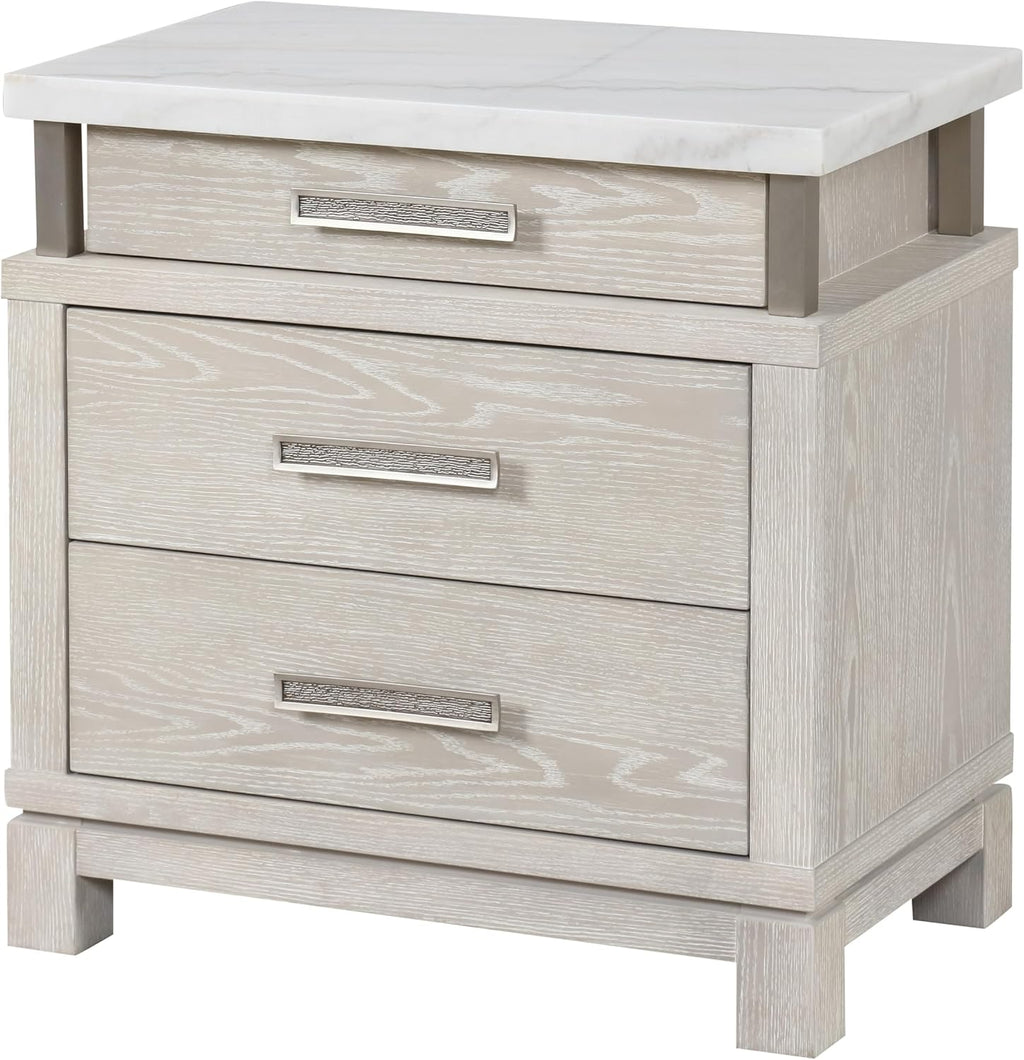 Furniture of America Bailer Modern Solid Wood 5-Piece Bedroom Set with LED on Headboard, Stainless Steal Posts and Marble Top on Nightstand, Box Spring Needed, Queen, Weathered Gray