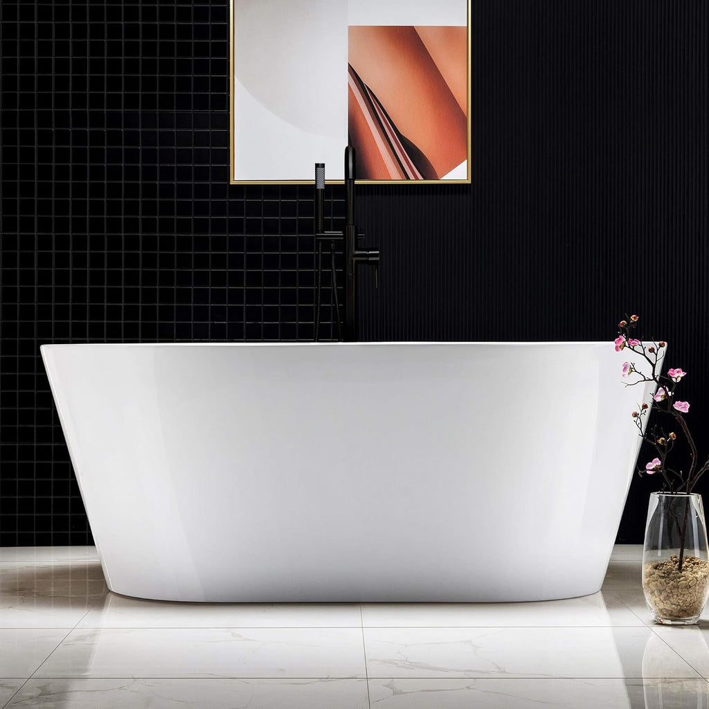 WOODBRIDGE 59' Acrylic Freestanding Bathtub Contemporary Soaking White Tub with Oil-Rubbed Bronze Overflow and Drain,B0014-ORB