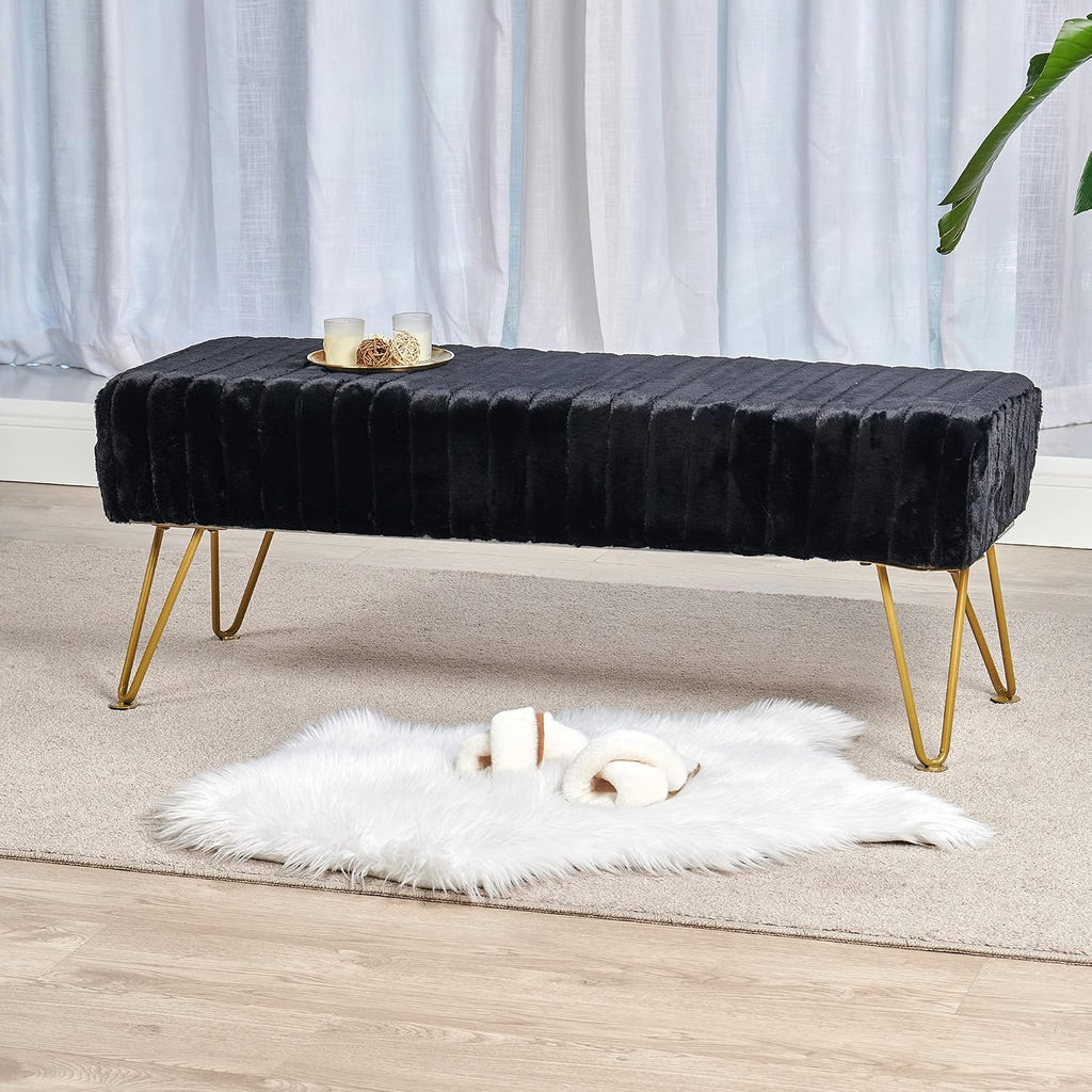 Black Soft Rectangle Faux Fur Long Ottoman Entryway Bench Furry Footrest Stool 46'x16'x17' Sturdy Accent Bench for Bedroom at The End of Bed Fuzzy Coffee Table Living Room Closet Golden Leg