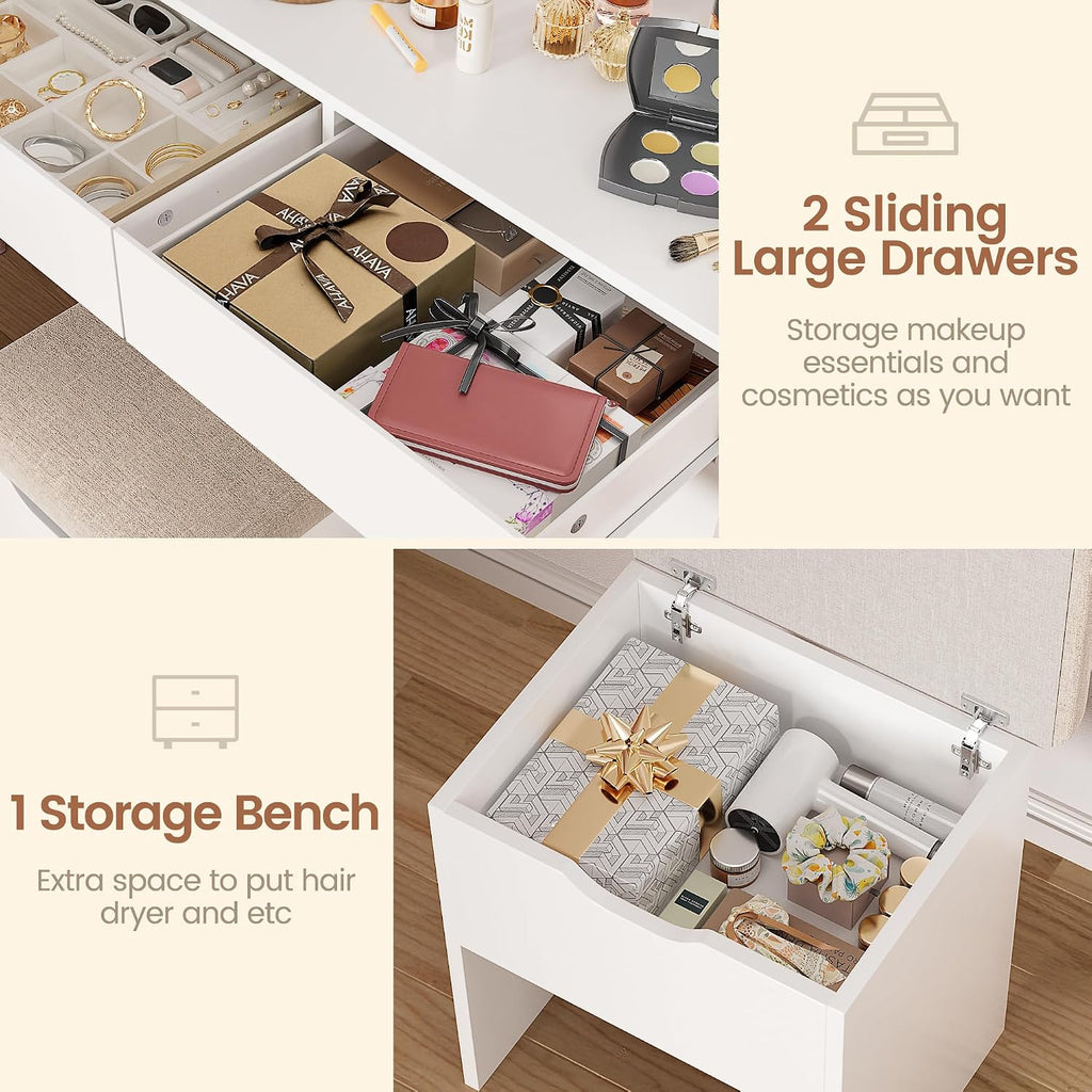 YESHOMY Makeup Vanity, Mirror Jewelry Cabinet, Lockable Swivel Storage Organizer Armoire with LED Light Shelves, White