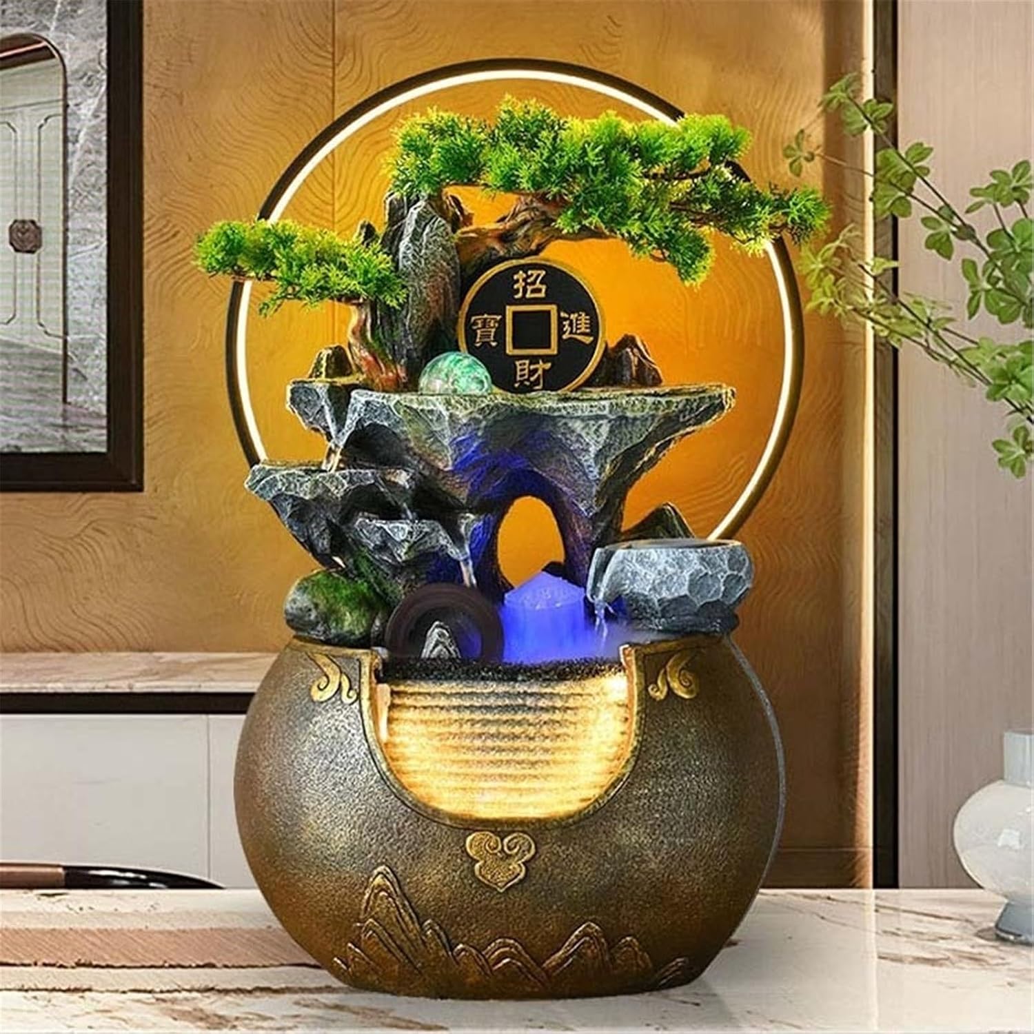 Tabletop Water Fountain Tabletop Water Fountain Rockery with Waterfall and Fountain Decorative Piece for Home Office Decor Office Relaxation Meditation Fountain(Brown)
