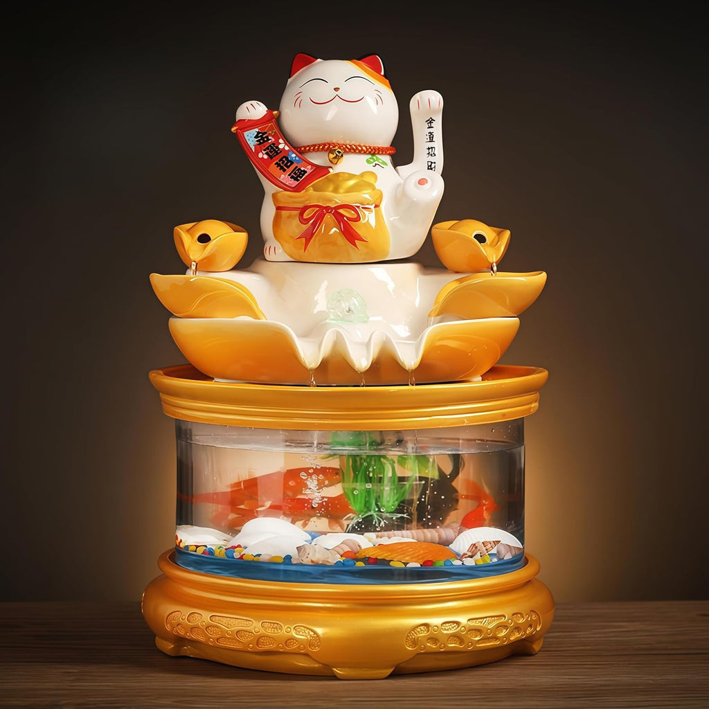 Tabletop Water Fountain Indoor with Maneki Neko, Money Lucky Cat, Fish Tank Decorations for Feng Shui Decor & Gifts for Home, Feng Shui Statue, Chinese New Year Decoration, Chinese Decor & Gifts (B)