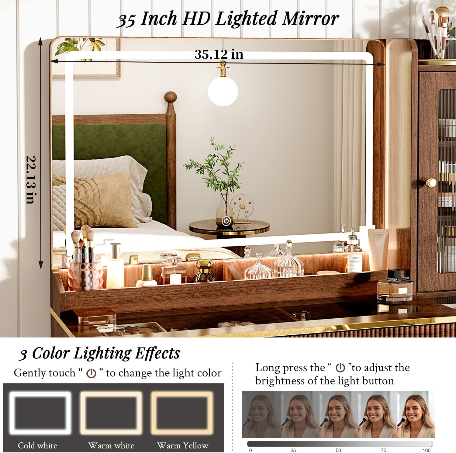 Arulvmrn Vanity Desk with 35.12' HD Lighted Mirror, 46.85' Big Modern Vanity Desk with Mirror and Lights, Makeup Vanity with 7 Drawers and Storage Shelves and Charging Station, Walnut