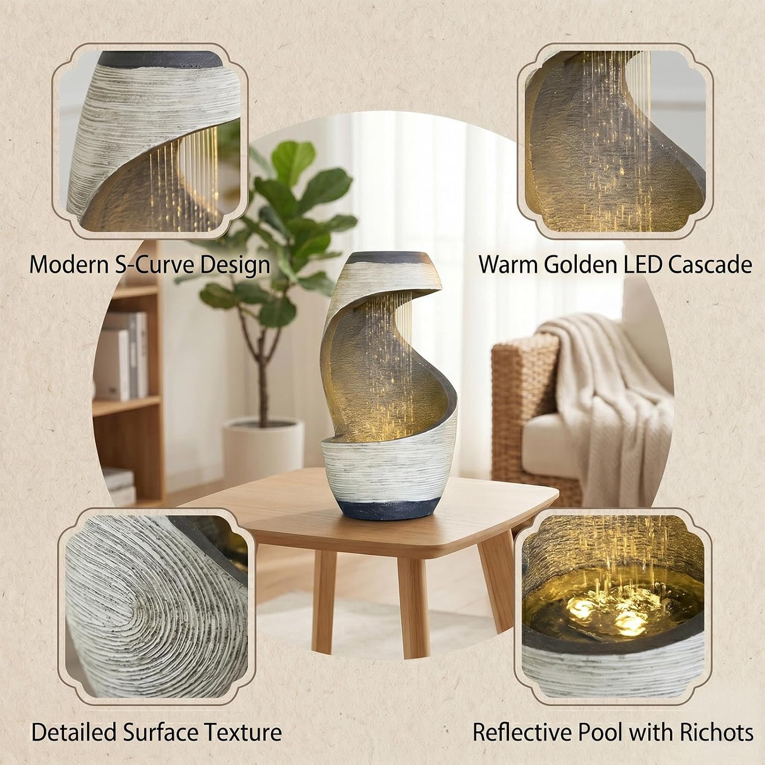 Sunlinua Modern Tabletop Water Fountain for Women Indoor Zen Relaxation Water Fountains Desktop Waterfall with Soothing Sound for Meditation Desk Home Office Decor