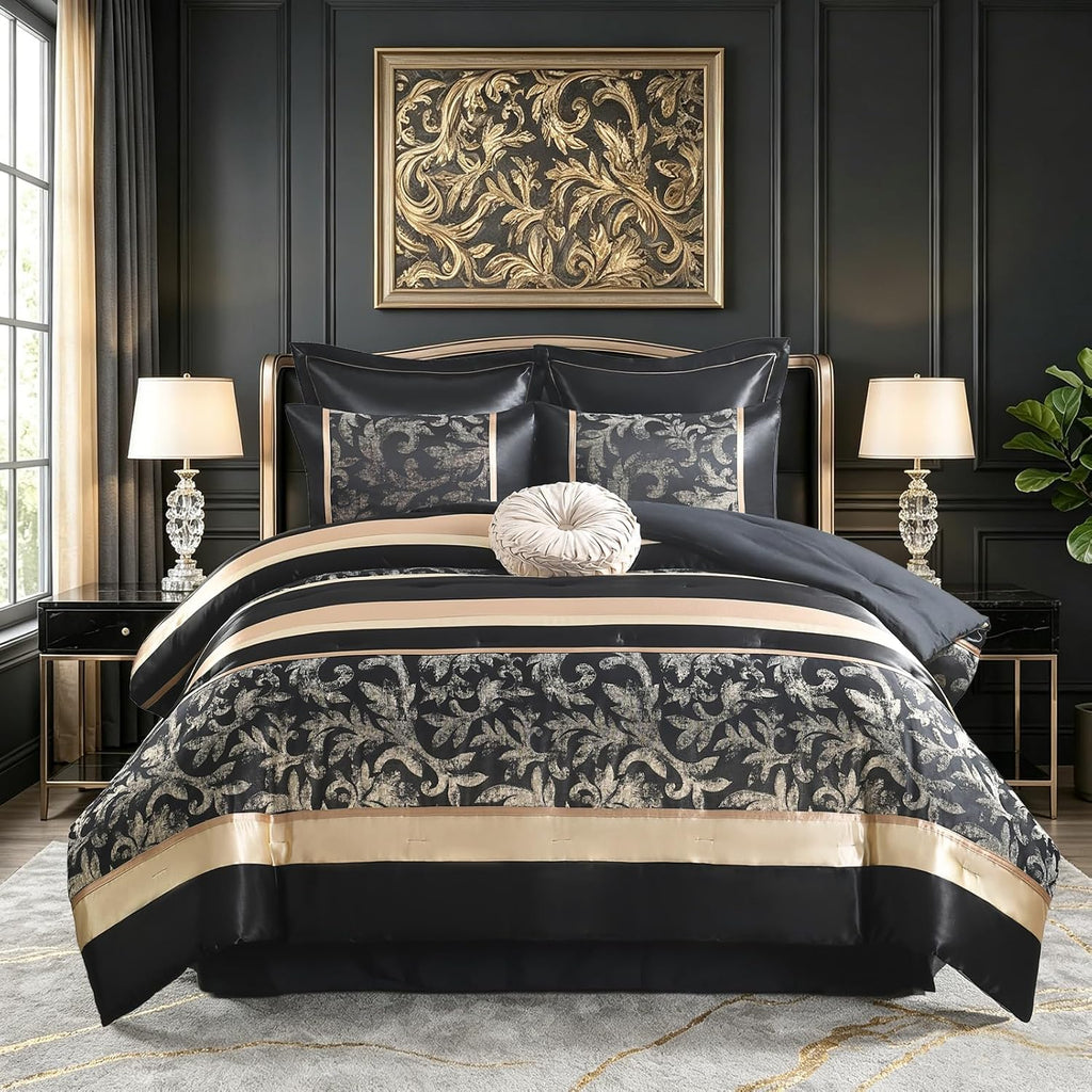 SahSahCasa 7-Piece Luxury Queen Comforter Set, Bed in a Bag Queen, Black and Gold Fluffy Bedding Comforter Set with Bed Skirt, Decorative Pillows and Shams, Down-Alternative Thick Jacquard Comforter
