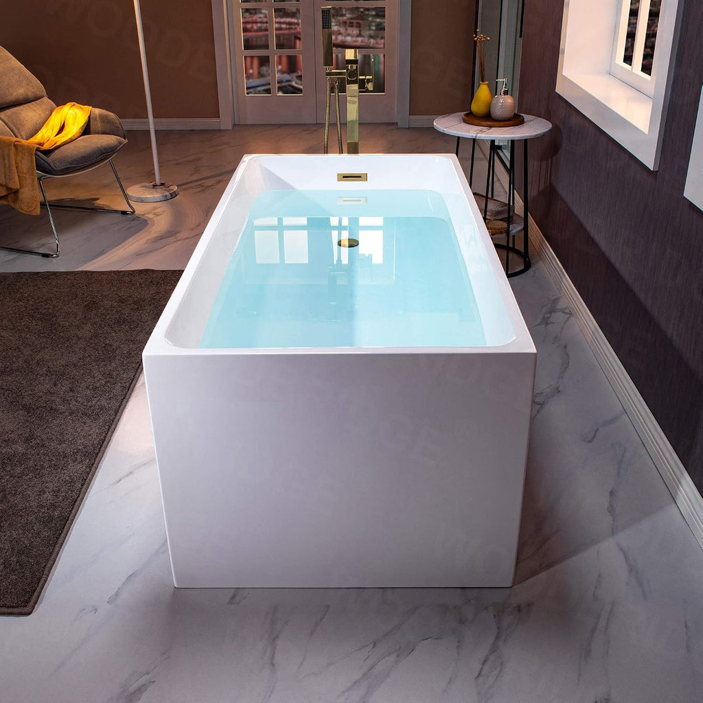 WOODBRIDGE 67' Acrylic Freestanding Bathtub Contemporary Soaking White Tub with Brushed Gold Overflow and Drain，B0086-BG-Drain&O