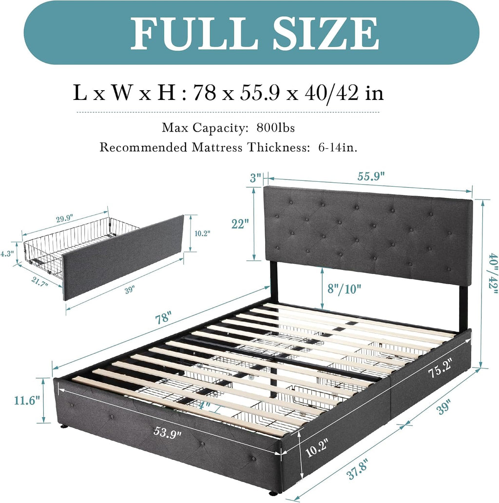 HOOMIC Full Size Platform Storage Bed Frame with 4 Drawers & Adjustable Headboard, Wooden Slats, No Box Spring Needed,Diamond Stitched Button Tufted Design, Noise Free, Dark Grey