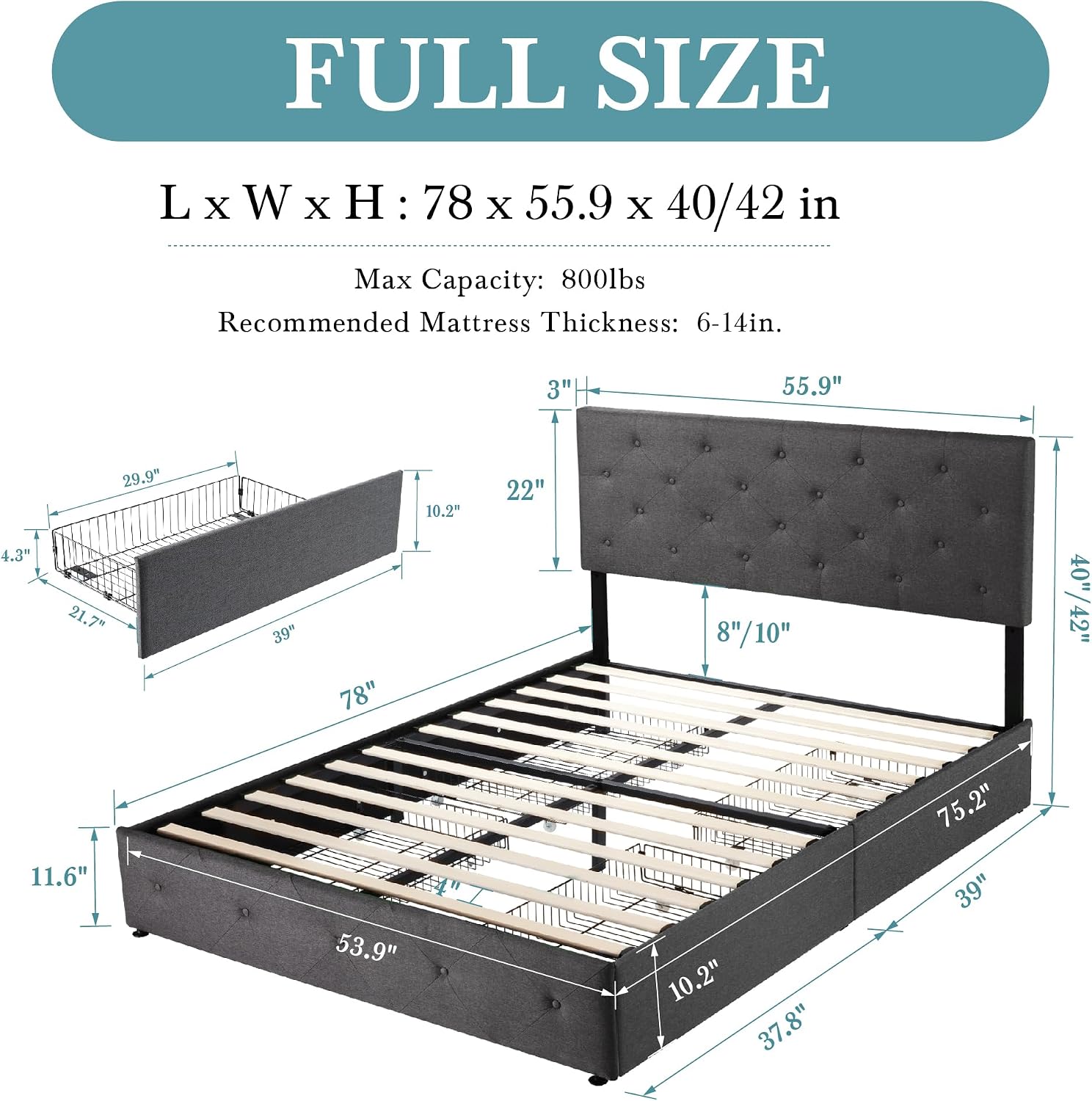 HOOMIC Full Size Platform Storage Bed Frame with 4 Drawers & Adjustable Headboard, Wooden Slats, No Box Spring Needed,Diamond Stitched Button Tufted Design, Noise Free, Dark Grey