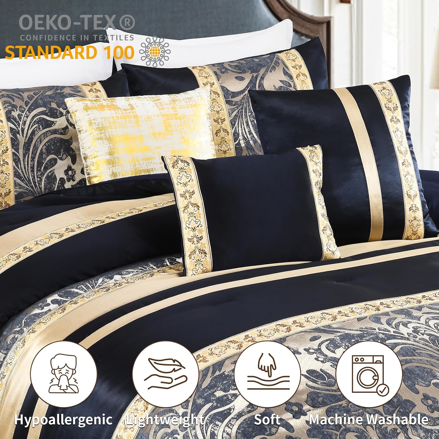 SahSahCasa 7-Piece Luxury California King Comforter Set, Cal King Comforter, Bed in a Bag California King, Jacquard Fluffy Comforter Bedding Set with Bedskirt, Pillows, Down-Alternative, Navy/Gold