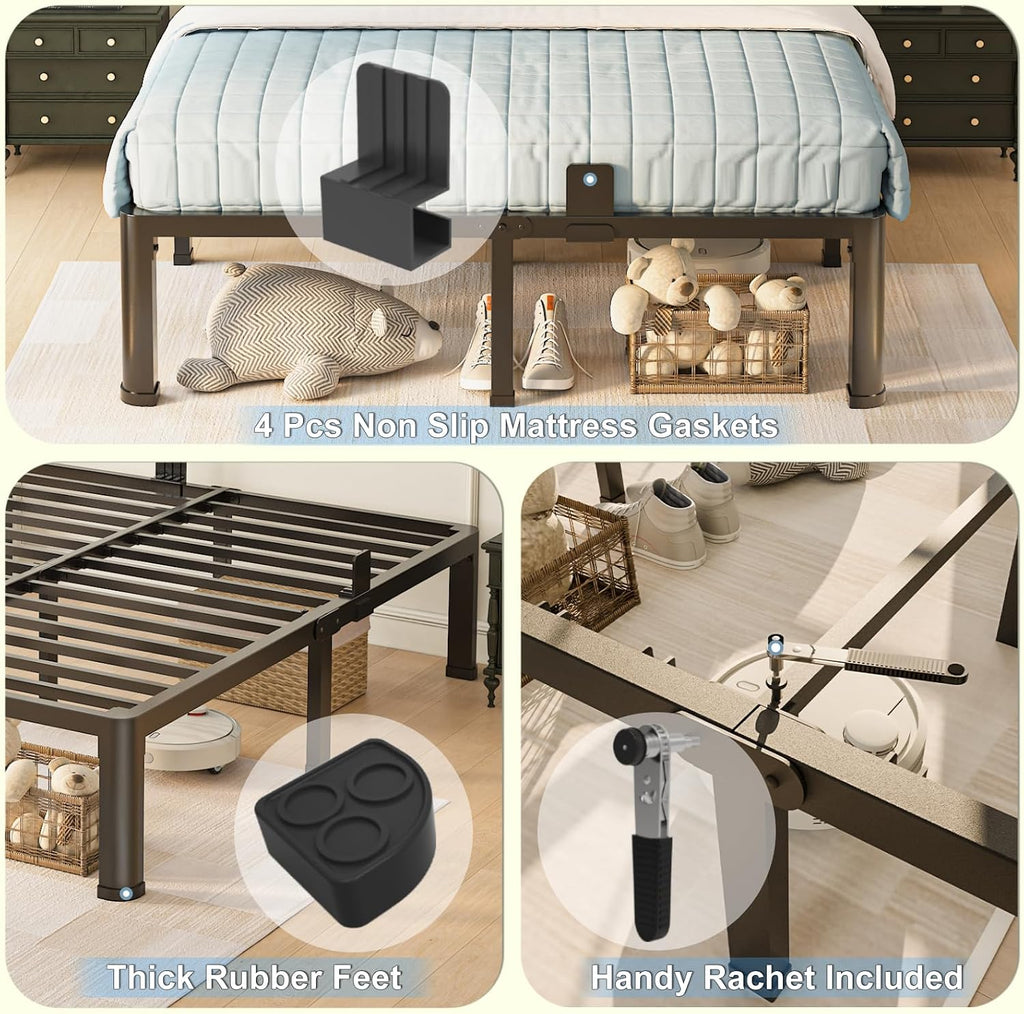 Yitong Angel 18 inch Queen Bed Frame with Round Corner Legs Mattress Slide Stopper,3500 lbs Heavy Duty Metal Platform,Steel Slats Support,No Box Spring Needed,Easy Assembly,Noise Free