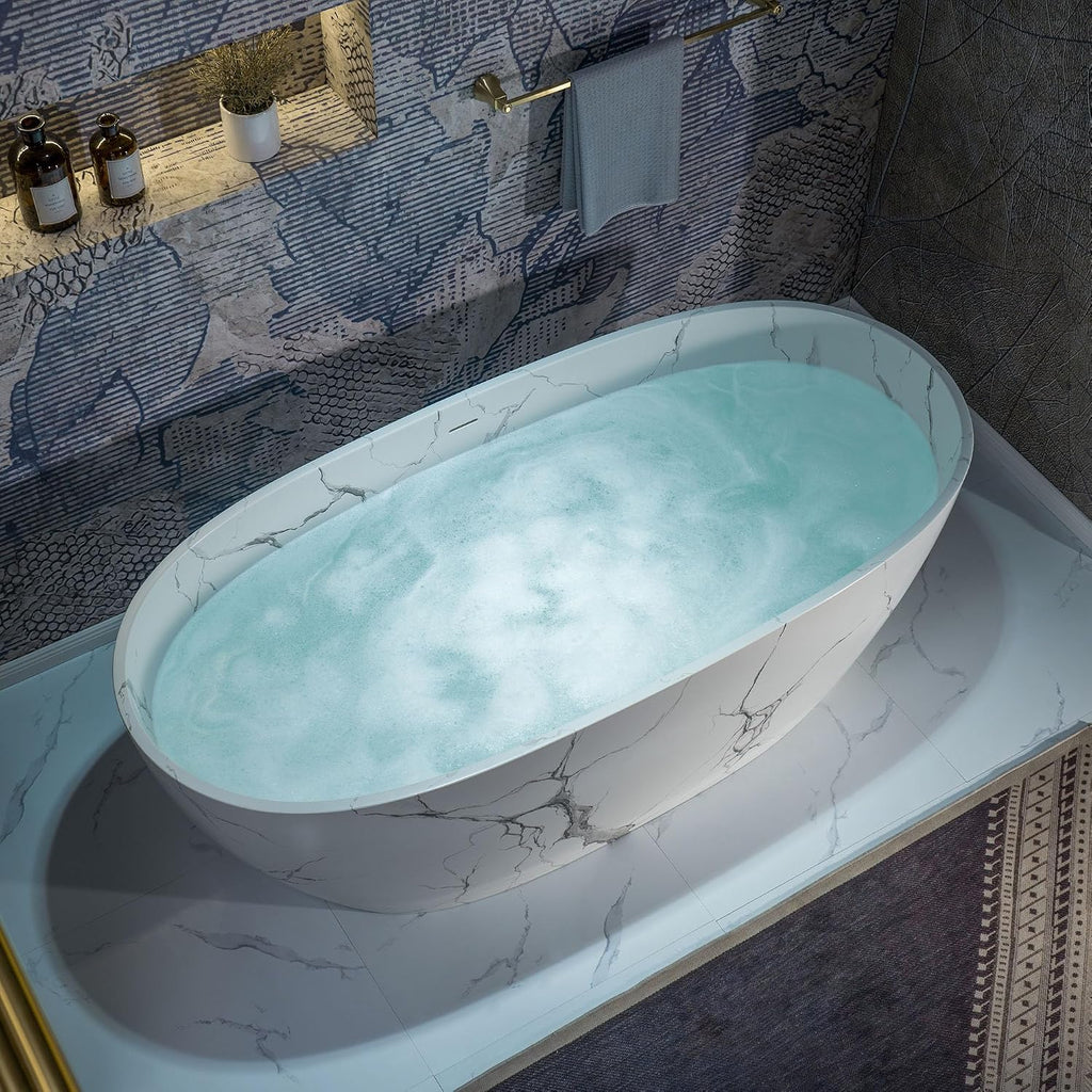 WOODBRIDGE 67' Marble-Pattern Stone Resin Freestanding Soaking Tub, Modern Oval Solid Surface Bathtub with Integrated Slotted Overflow & Drain, Matte Finish, CST0745