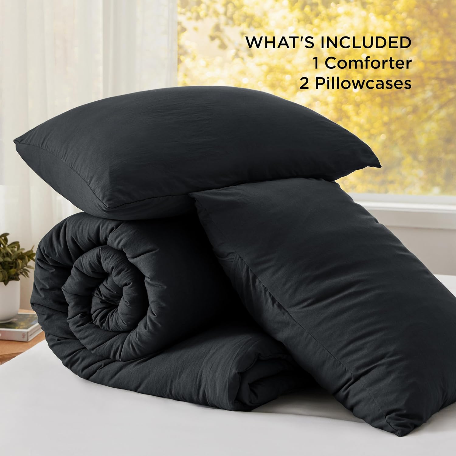 Bedsure Super King Plus Comforter Set, Black Soft Prewashed Bedding for All Seasons, 3 Pieces GentleSoft™ Bed Set, 1 Lightweight Comforter (128'x120') and 2 Pillowcases (20'x36')