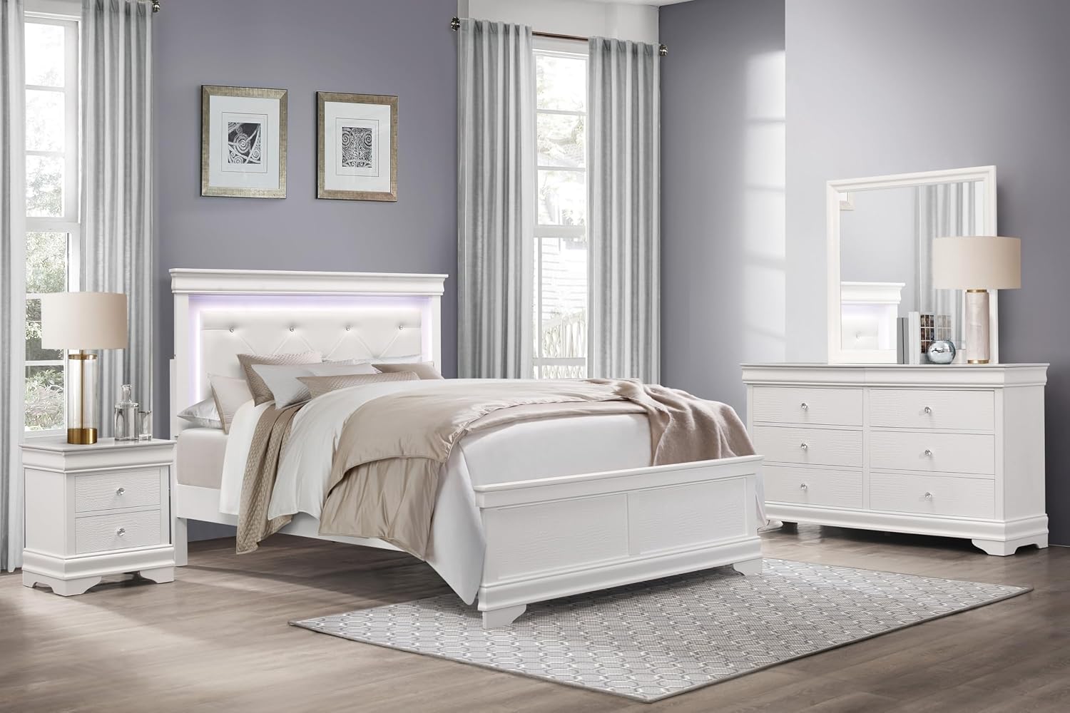 Glam 4 Pieces Set Bedroom Furniture Queen Size Tufted LED Light Bed White Finish Alligator Texture Fronts Wooden Traditional Design