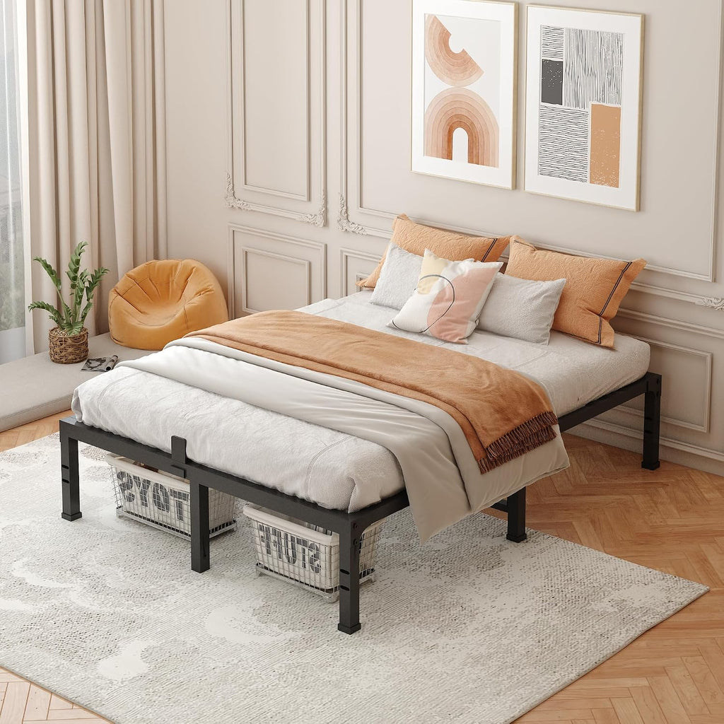 FUIOBYVV Queen Bed Frame, 14 Inch Heavy Duty Metal Platform Bed Frame Queen Size Support Up to 3500 lbs, No Box Spring Needed,Headboard Holes,Steel Slat Support,Noise Free,Easy Assembly
