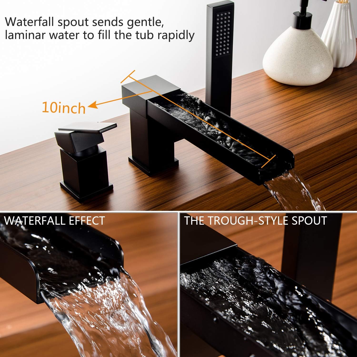 Black Roman Tub Faucet with Hand Shower, Deck-Mount Bathtub Faucet Tub Filler with Sprayer Waterfall Tub Faucet Set