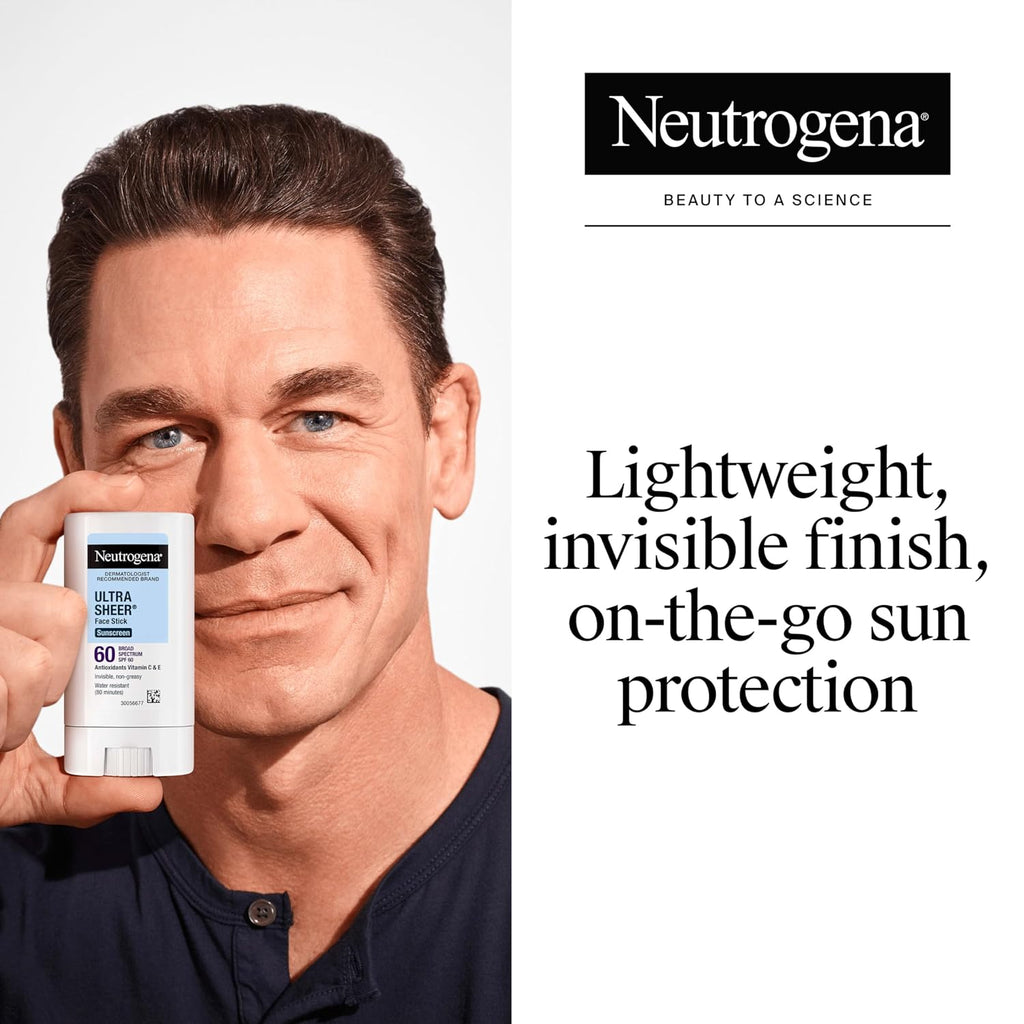 Neutrogena Ultra Sheer Stick Sunscreen for Face SPF 60, Invisible Finish, Broad Spectrum UVA/UVB Sun Protection - Vitamin C & E, Non Greasy, Fragrance Free, Water Resistant 80 Min, Travel Size, .47 oz