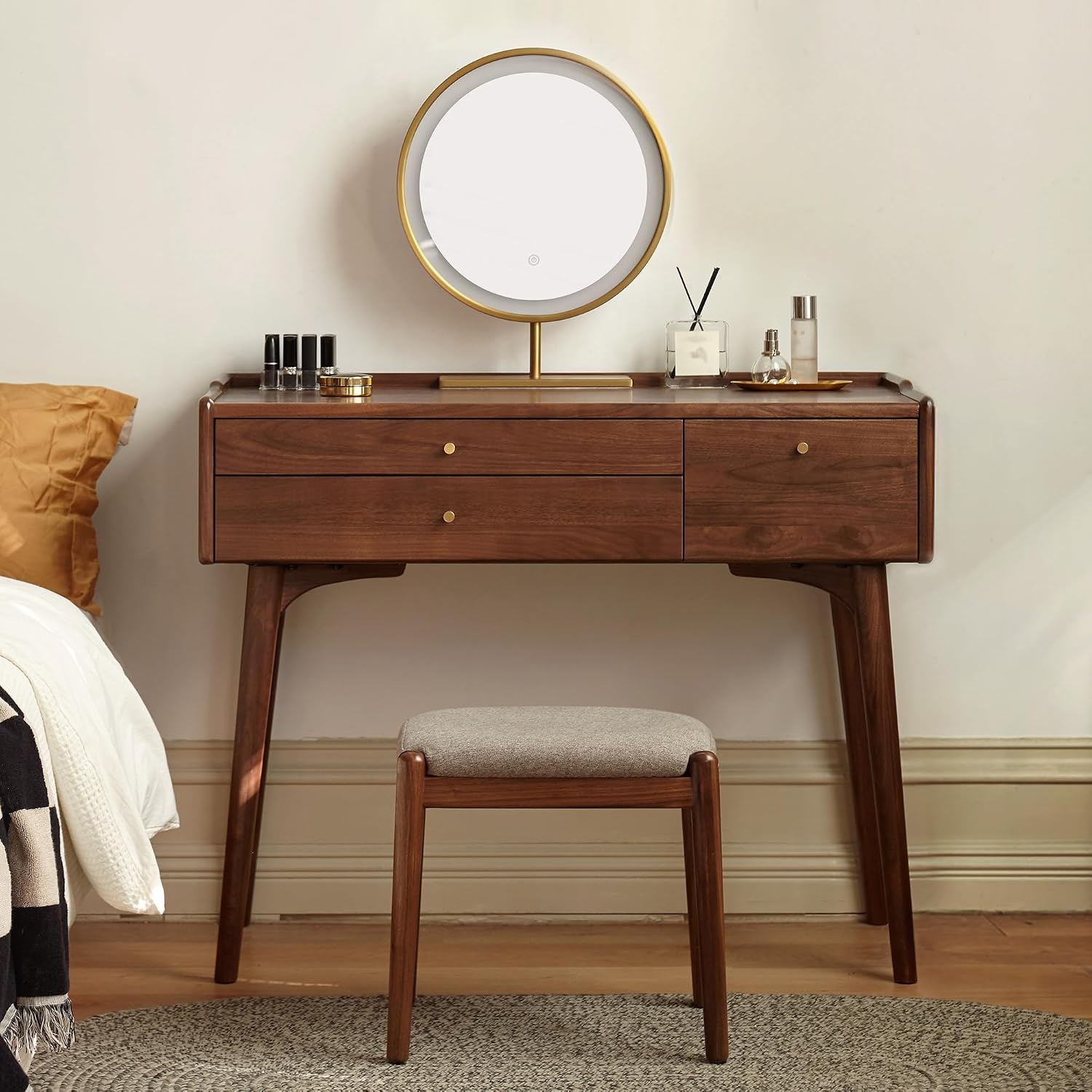 YESWOOD Small Vanity Desk, North America Black Walnut Wood Dressing Table with Drawer Divider, Study Desk and Vanity Desk for Bedroom, Walnut Color, 31' D x 18' W x 32' H (Only Vanity Table)