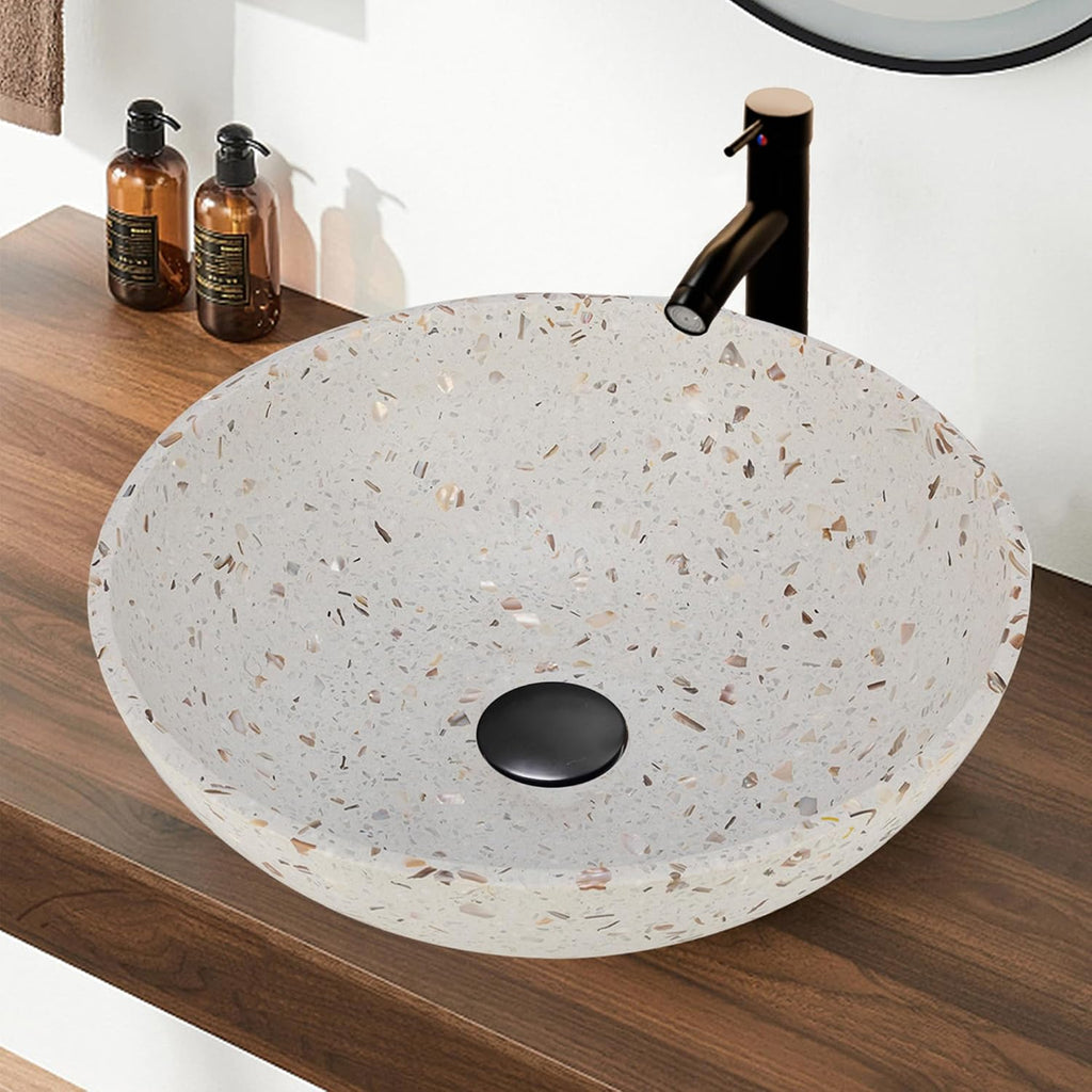 YIMAI Terrazzo Vessel Sink with Faucet and Drain, 15.7' Round Concrete Bathroom Sink Above Counter, Modern Artisanal Wash Basin Bowl with Matte Finish, Easy Install Combo Set for Vanity