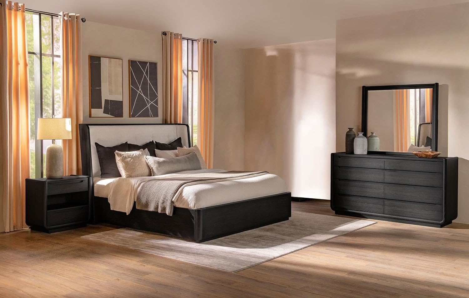 Coaster Home Furnishings - Leandro - Wood - 4-Piece Bedroom Set with Wingback Design, Tufted Detail and Recessed Pulls - Bedroom - Eastern King Size - Burnished Black - 222491KE-S4