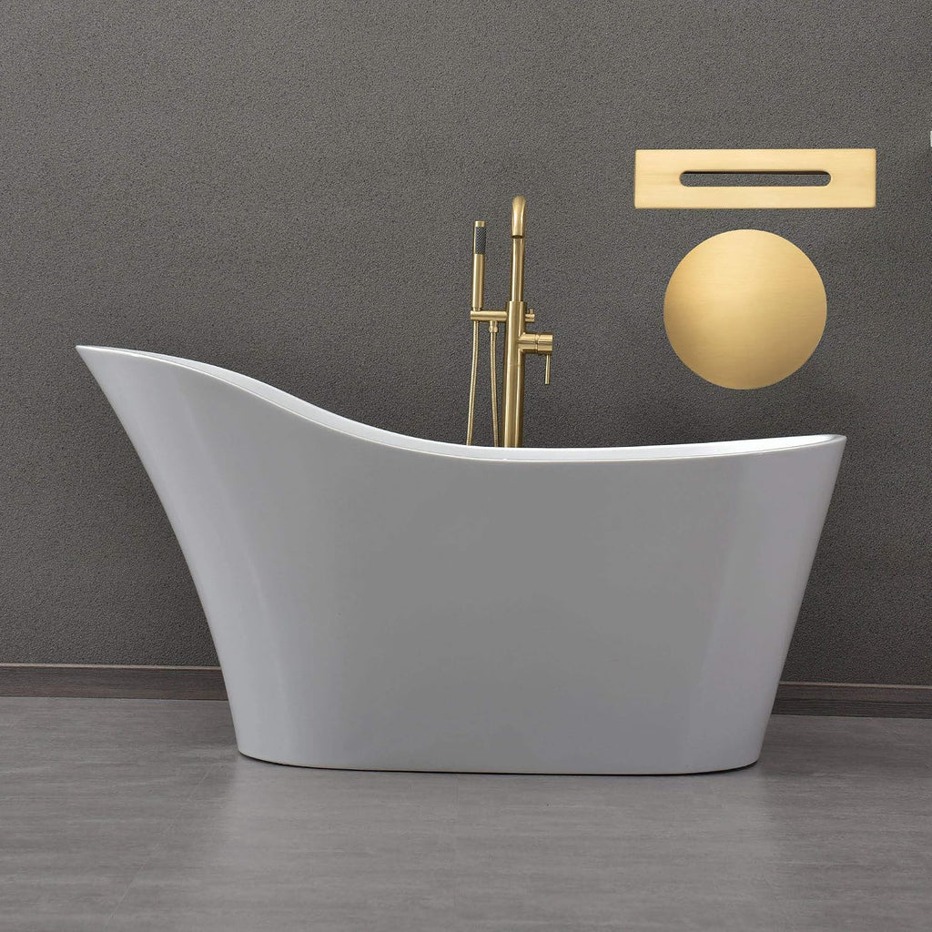WOODBRIDGE 59' Acrylic Freestanding Bathtub Contemporary Soaking White Tub with Matte Black Overflow and Drain，B0029-MB-Drain&O