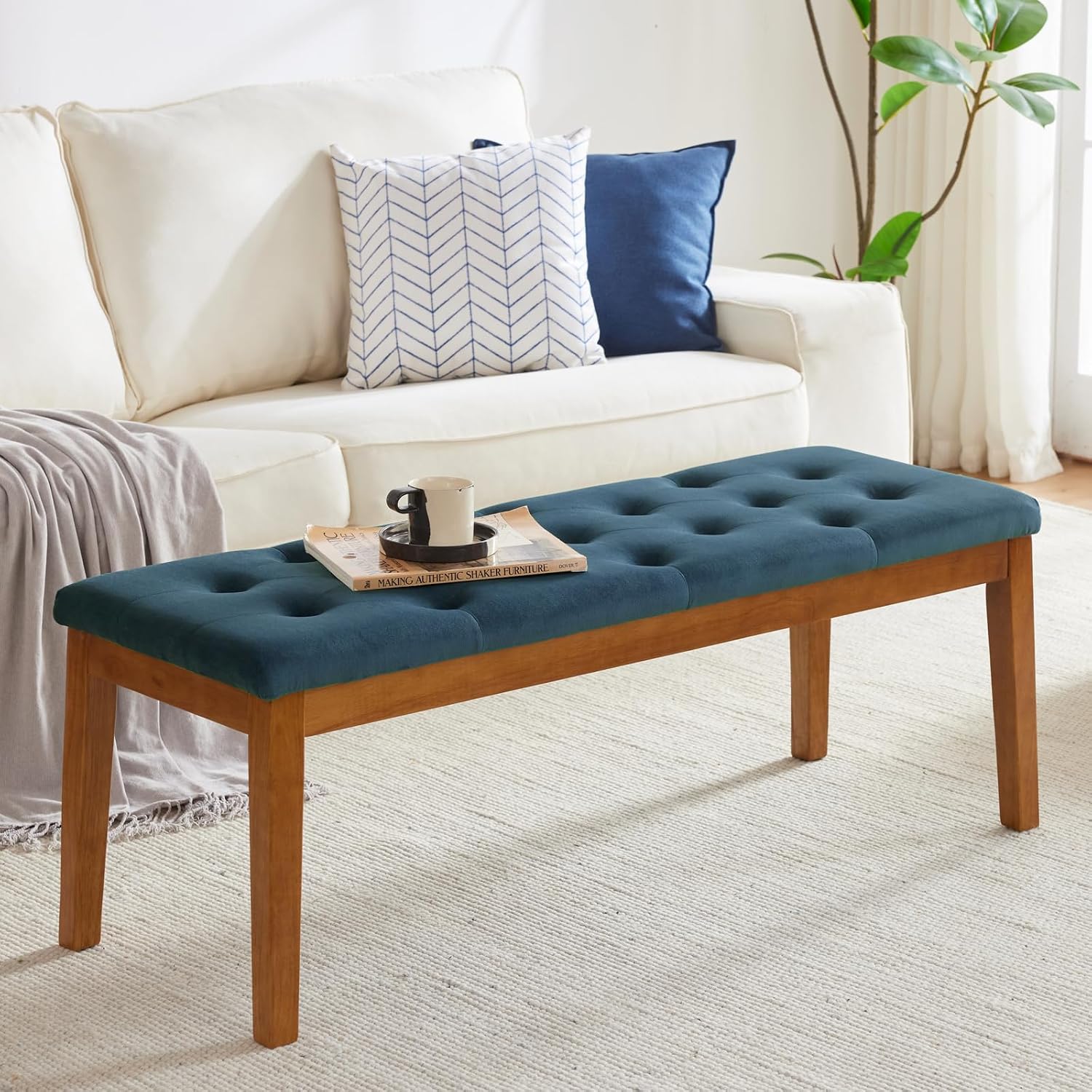 Ottoman Bench Upholstered Padded Seat with Solid Wood Legs and Button-Tufted, Big Oversized Ottoman, Velvet Navy