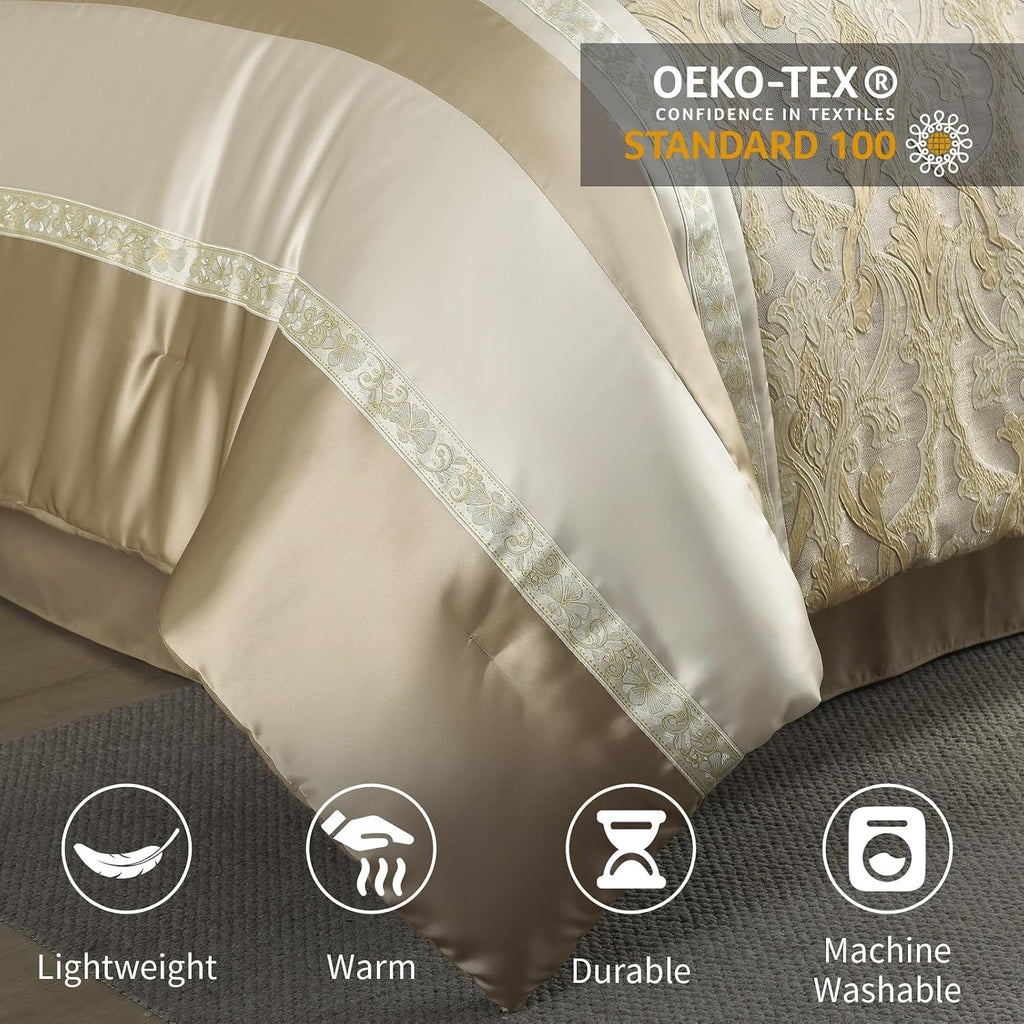Bedduvit Luxury 7 Piece Bed in Bag, Vintage Damask Jacquard Thick California King Comforter Set, Luxurious Genuine Patchwork Cal King Bedding Set with Bed Skirt, Decor Pillows, Shams, Gold/Beige/Cream