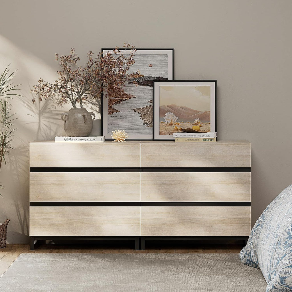 WAMPAT 3-Piece Modern Bedroom Furniture Set, 63-Inch Dresser with 6 Drawers and 2 Nightstands Featuring Drawer and Cabinet Design, Bedroom Set of 3, Light Oak