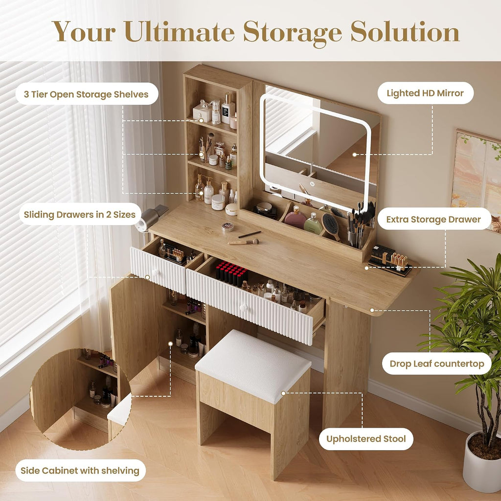 Patikuin Vanity Desk with Mirror and Lights, Natural Makeup Vanity with Charging Station, Dressing Table Set with Storage Chair, Drawer Shelves, and Foldable Panel for Compact Space Bedroom, Natural