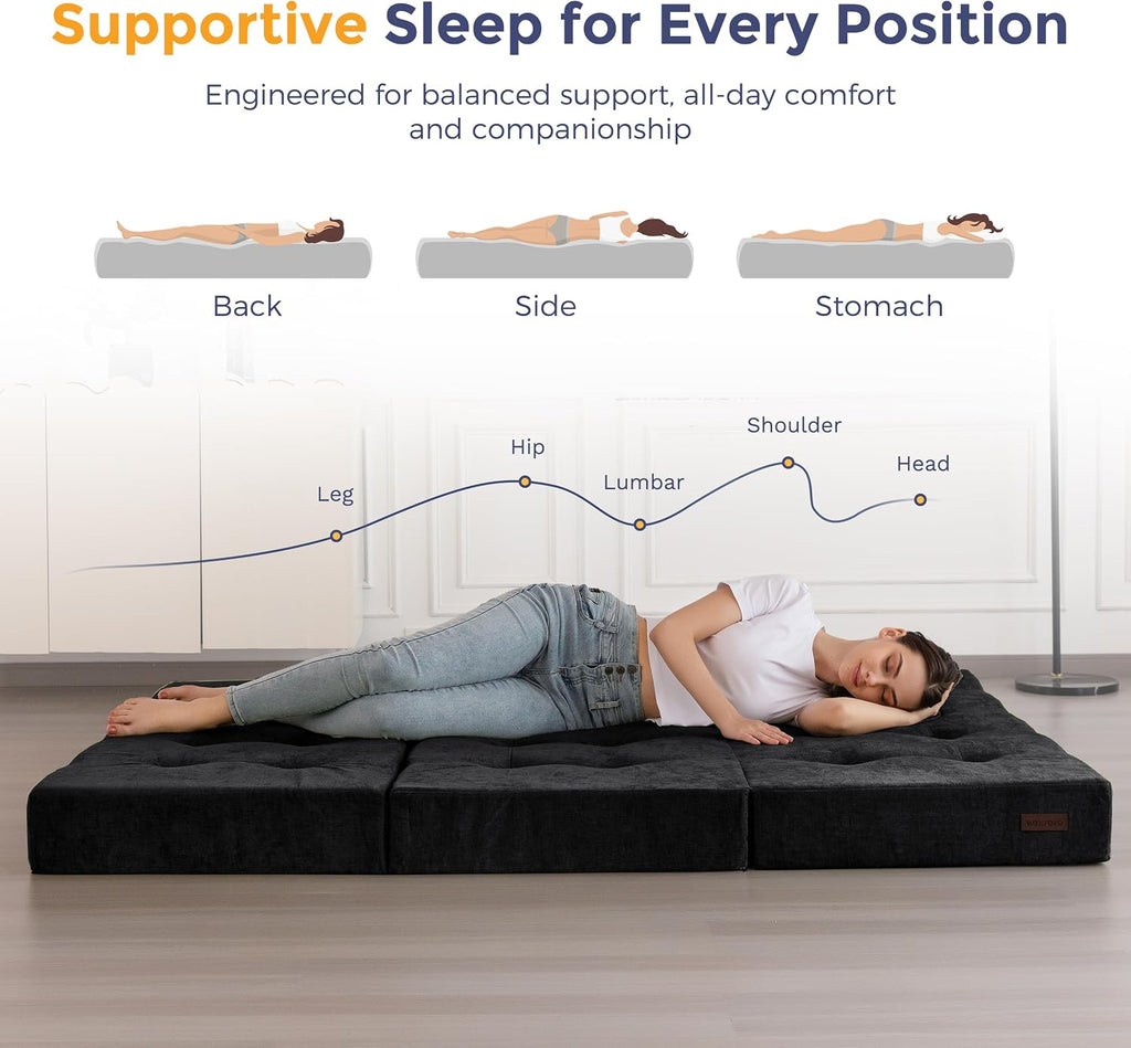 MAXYOYO 6' Folding Sofa Bed for Floor, Tufted Tri-Fold Floor Mattress with Chenille Fabric, Full Size Portable Sofa Couch Guest Mat for Adults, Foldable Topper for Camping, Black, 53'x75'