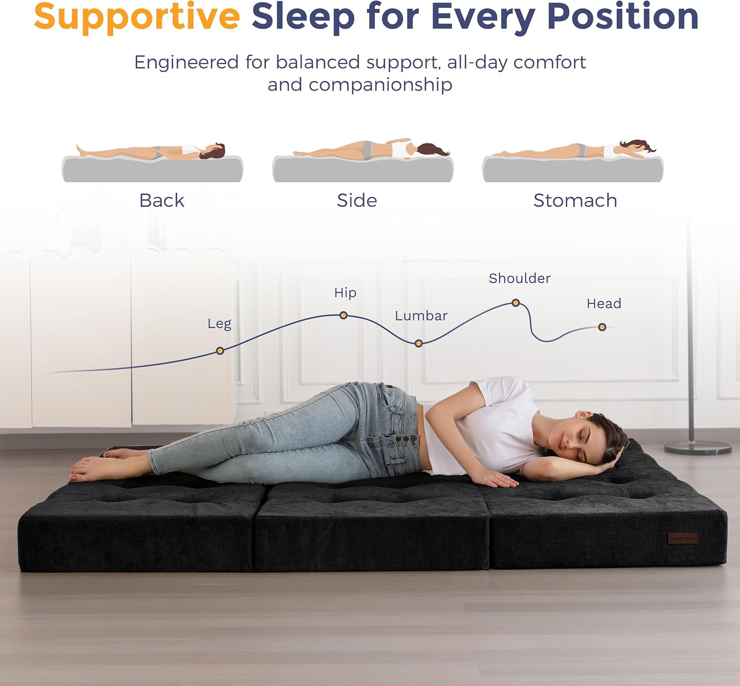 MAXYOYO 6' Folding Sofa Bed for Floor, Tufted Tri-Fold Floor Mattress with Chenille Fabric, Full Size Portable Sofa Couch Guest Mat for Adults, Foldable Topper for Camping, Black, 53'x75'