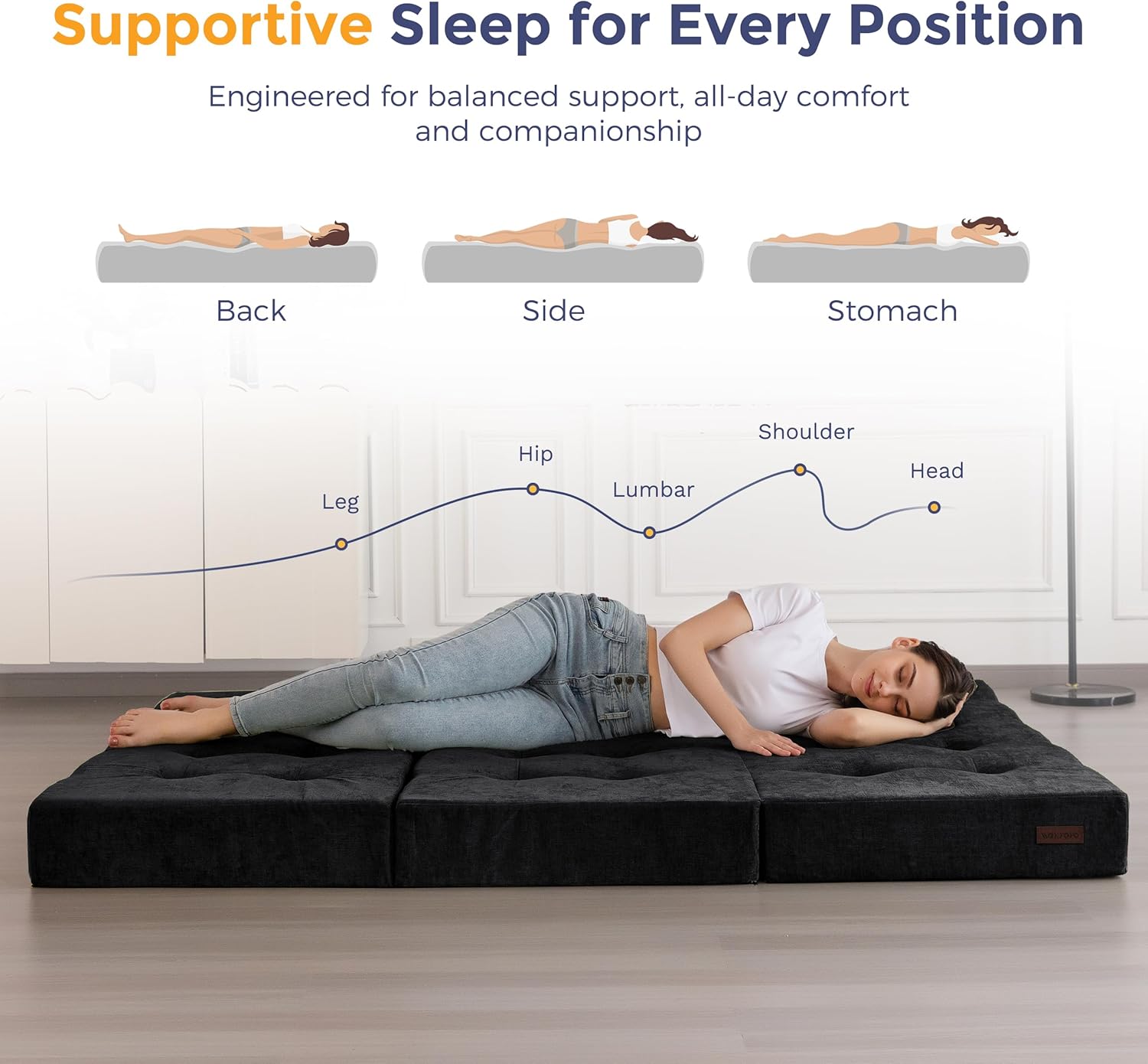MAXYOYO 6' Folding Sofa Bed for Floor, Tufted Tri-Fold Floor Mattress with Chenille Fabric, Queen Size Portable Sofa Couch Guest Mat for Adults, Foldable Topper for Camping, Black, 59'x78.7'