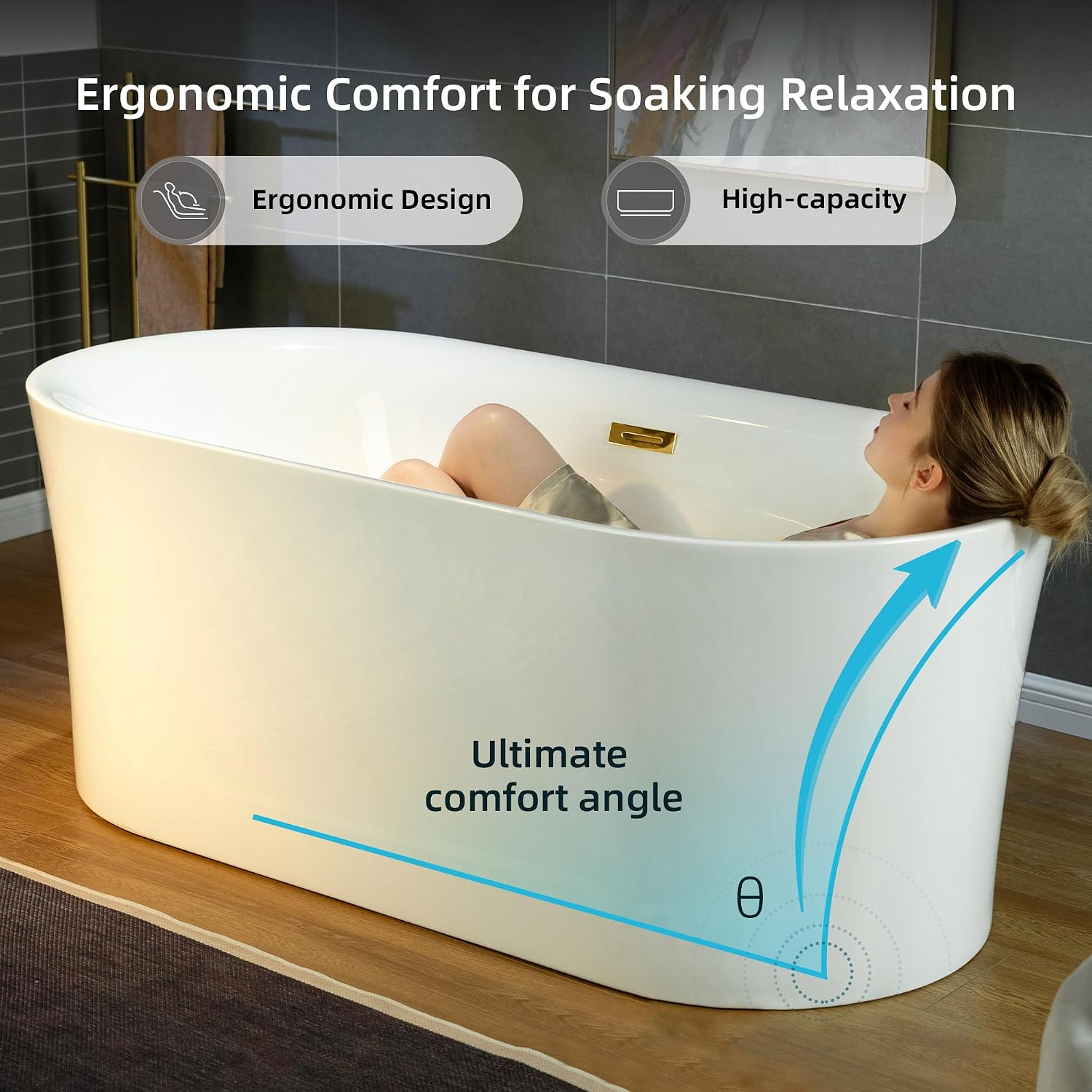 WOODBRIDGE 67' Acrylic Freestanding Bathtub Contemporary Soaking Tub with Brushed Gold Overflow and Drain,White Tub,B0057-BG