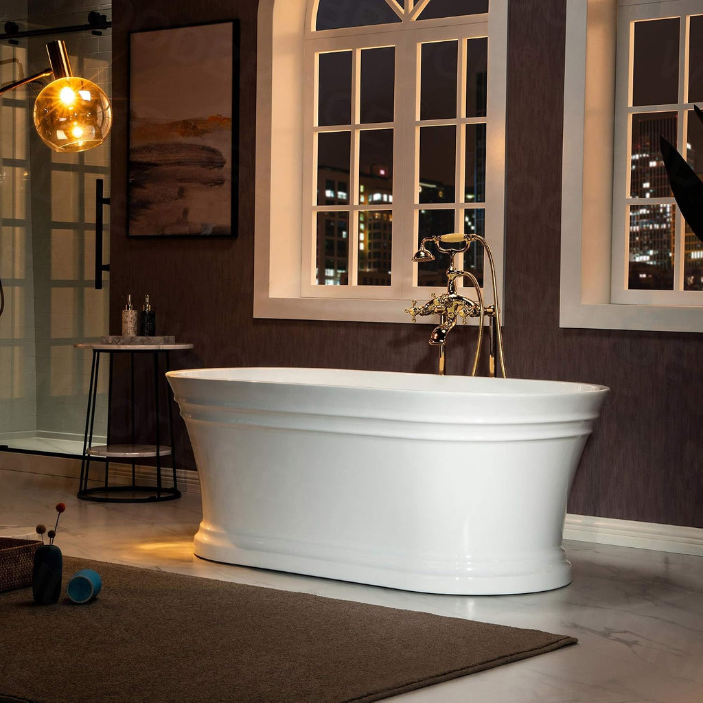 WOODBRIDGE 59'Freestanding White Acylic Soaking Bathtub with White Pillow,Drain and Overflow inBrushed Gold,BTA1536 -BG-Drain &O+ Pillow