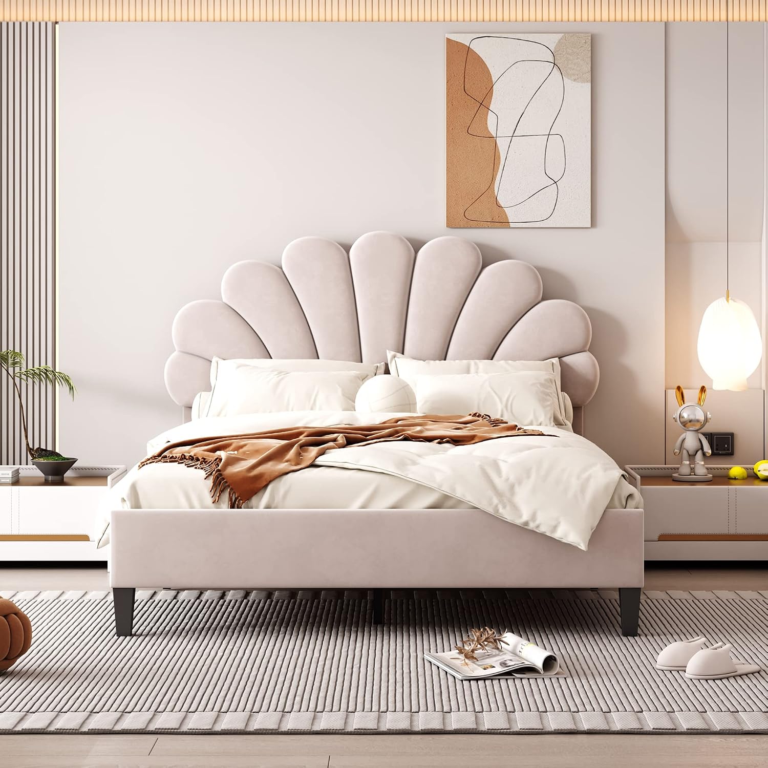 Harper & Bright Designs Full Size Upholstered Platform Bed Frame with Flower Pattern Velvet Headboard for Boys Girls Kids Adults, Beige