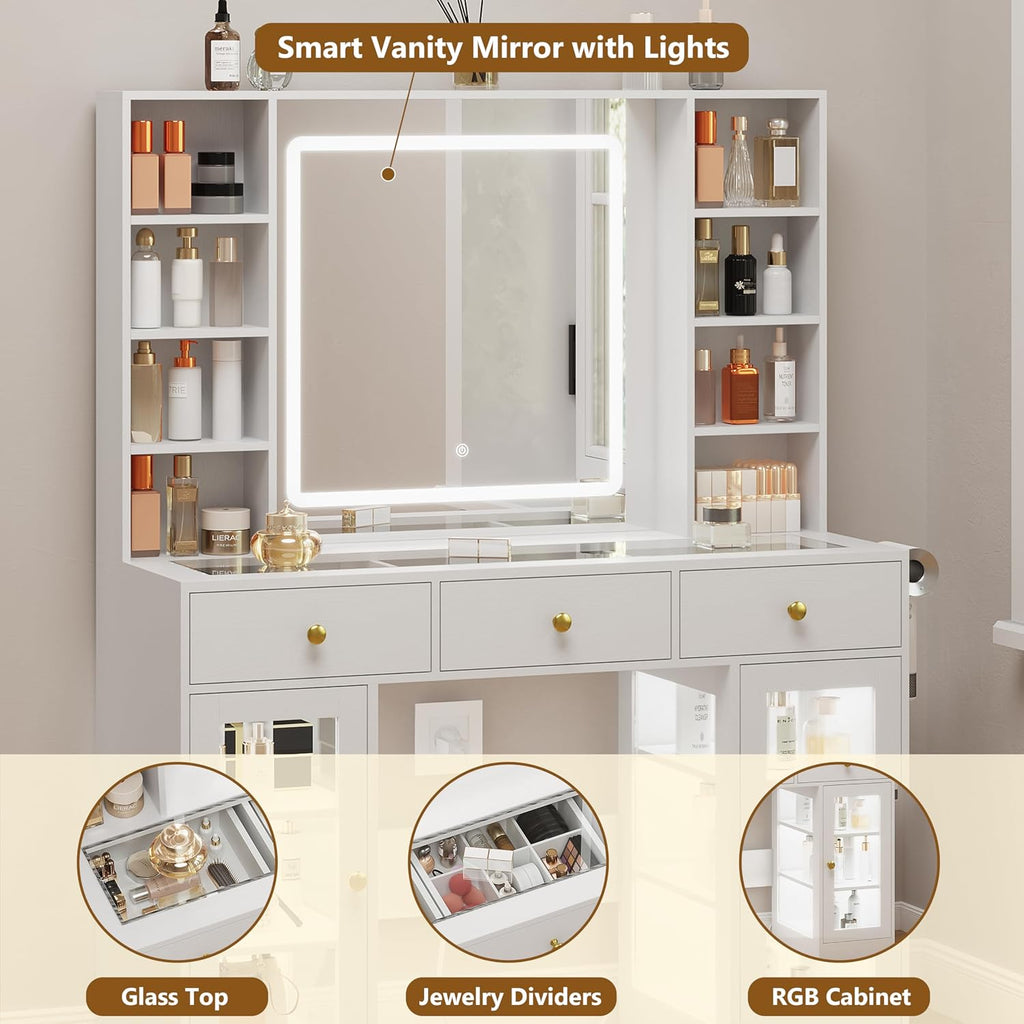 White Vanity Desk with Mirror and Lights, Glass Top Vanity with Lighted Mirror & RGB Cabinet and 3 Drawers, Dressing Table with 8 Shelves, Makeup Desk with Lights for Girls Bedroom, 3 Color Modes