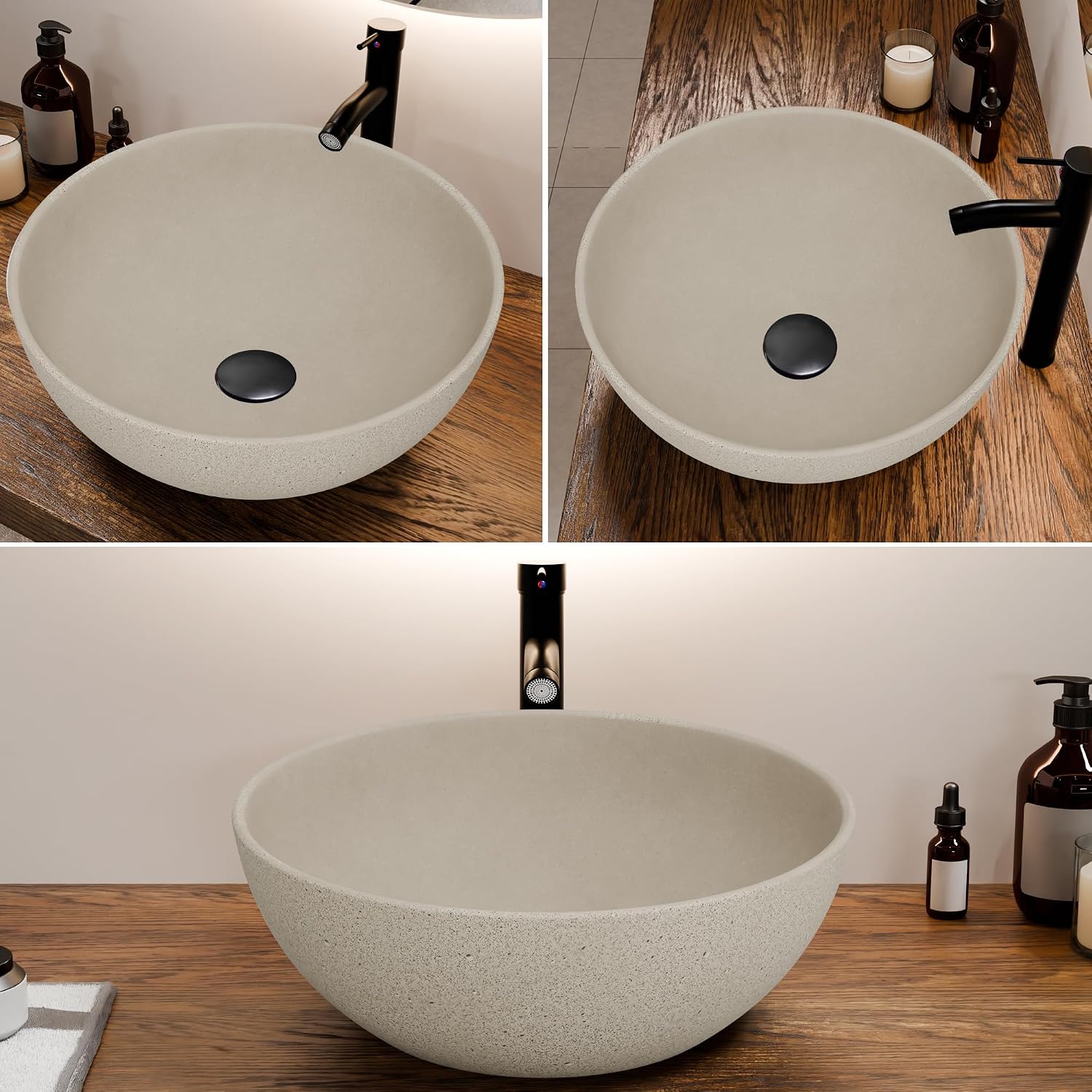 YIMAI Handcrafted Concrete Vessel Sink with Faucet & Drain – Eco-Inspired Coffee Grounds Countertop Basin, 15.7'x5.5', Artisan Brown Cement Bathroom Vanity Bowl for Modern & Luxury Spaces