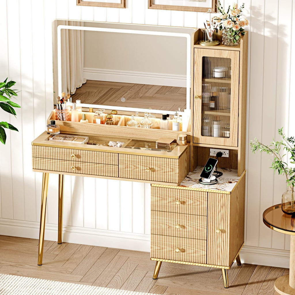 Arulvmrn Vanity Desk with 35.12' HD Lighted Mirror, 46.85' Big Modern Vanity Desk with Mirror and Lights, Makeup Vanity with 7 Drawers and Storage Shelves and Charging Station, Oak