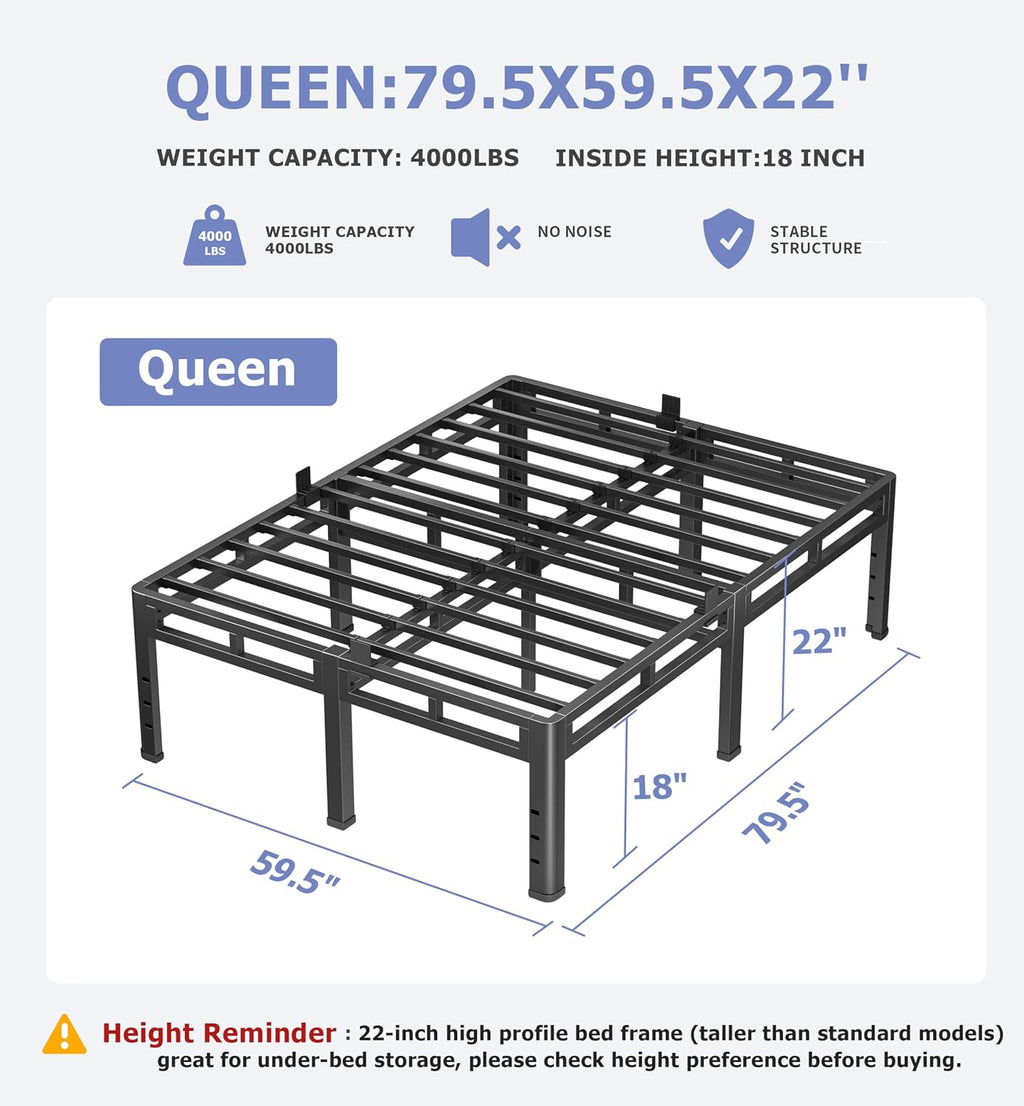 NKZ 22 Inch Queen Size Bed Frame, Metal Bed Frame & Box Spring 2 in 1 Platform with Round Corner Legs, 4000Lbs Heavy Duty Metal Frame, Mattress Slide Stopper, Headboard Hole, Noise-Free, Easy Assembly