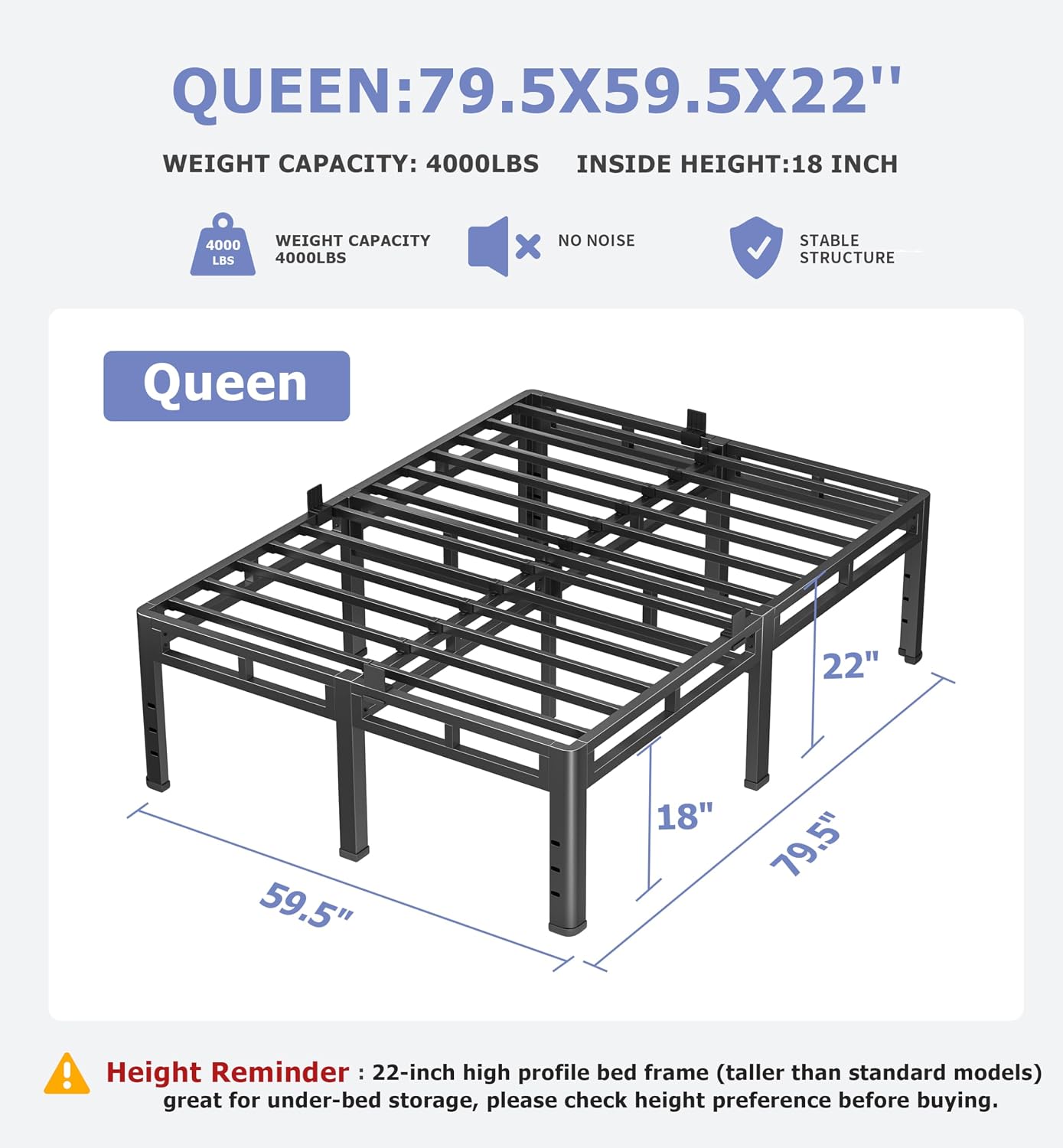 NKZ 22 Inch Queen Size Bed Frame, Metal Bed Frame & Box Spring 2 in 1 Platform with Round Corner Legs, 4000Lbs Heavy Duty Metal Frame, Mattress Slide Stopper, Headboard Hole, Noise-Free, Easy Assembly