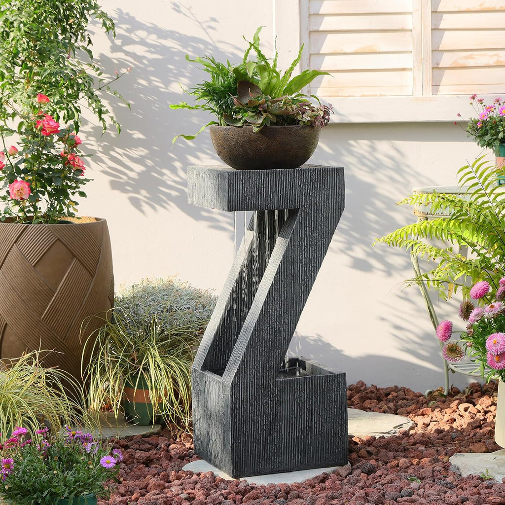 32' Modern Z-Shaped Rain Curtain Outdoor Fountain with LED Lights, Gray Resin Cascading Waterfall Water Feature for Patio, Backyard, Garden or Porch