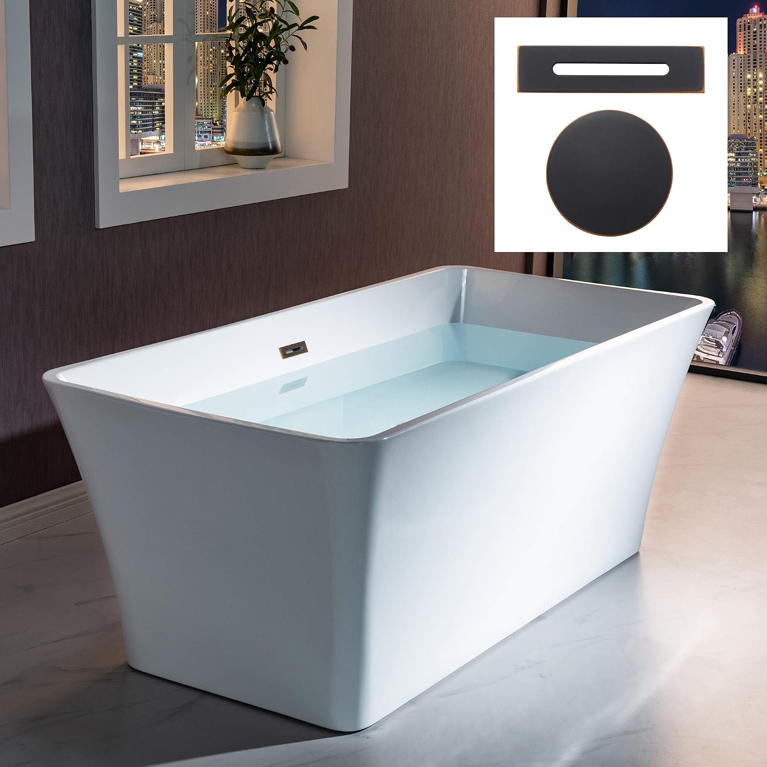 WOODBRIDGE 59' Acrylic Freestanding Bathtub Contemporary Soaking White Tub with Oil Rubbed Bronze Overflow and Drain，BTA1509 -ORB-Drain &O