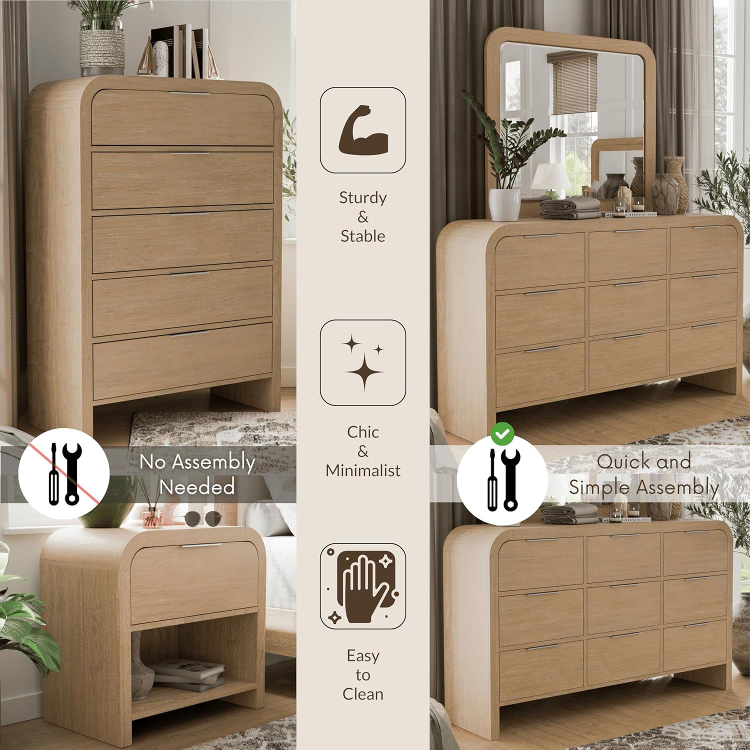 Furniture of America Verena Boho Solid Wood 6-Piece Queen Panel Bedroom Set with Channel Padded Headboard, Metal Side Glide, Finger Pulls and Beveled Mirror, Box Spring Needed, Natural