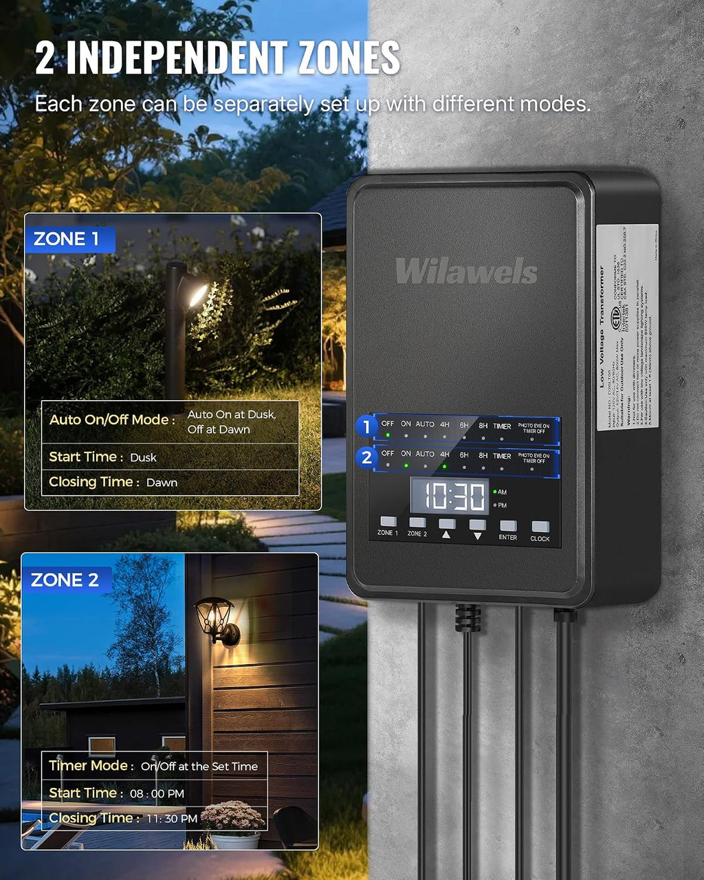 600W Low Voltage Landscape Transformer, 2 Zone Independent Control 120VAC to 12/14V AC Low Voltage Transformer, Landscape Lighting Transformer with Timer & Photocell Sensor ETL Listed D20LT06