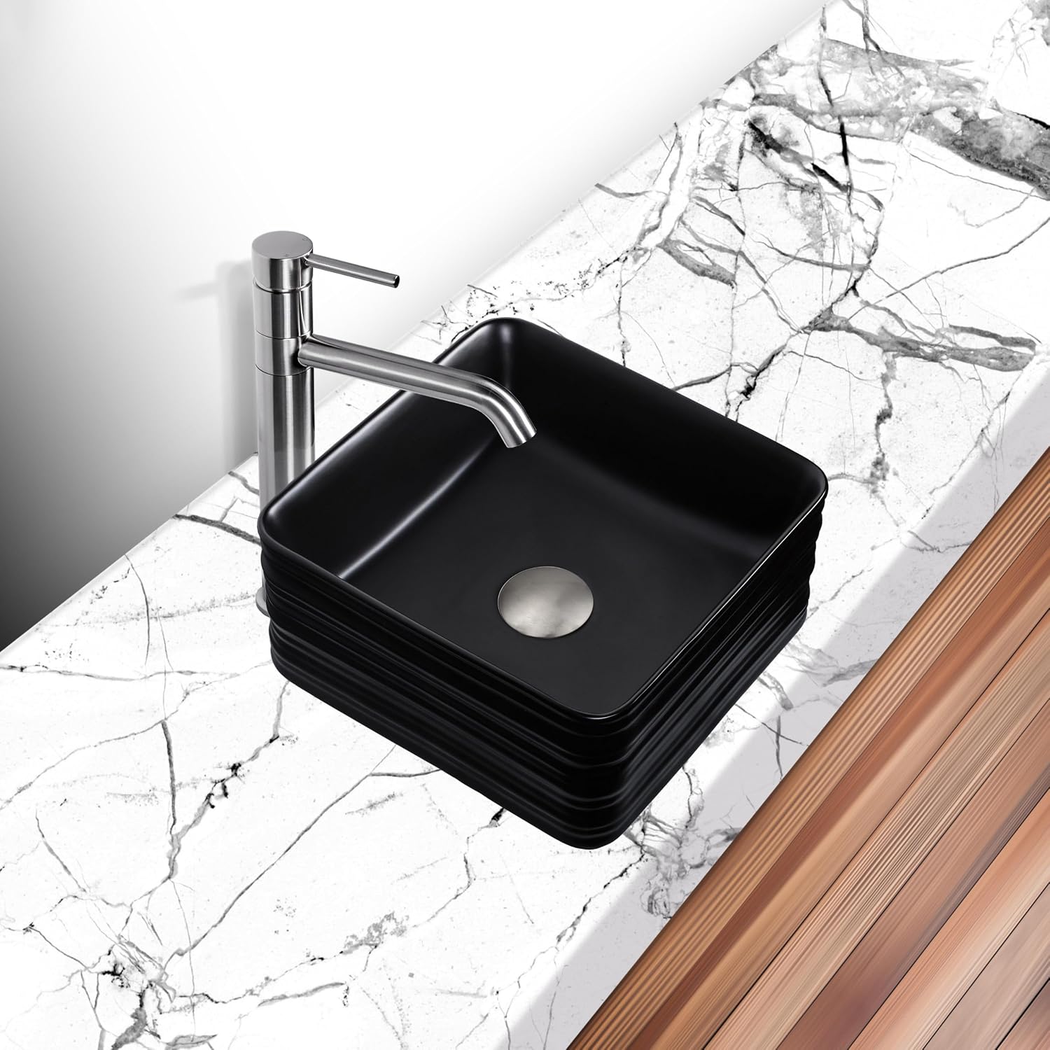Strictly Sinks 16 Inch Square Black Vessel Sink - Modern Ceramic Countertop Bathroom Sink – Easy to Install Above Counter Luxurious Bathroom Vessel Sink (15-3/4″ W x 15-3/4″ L x 5-5/8″ H)