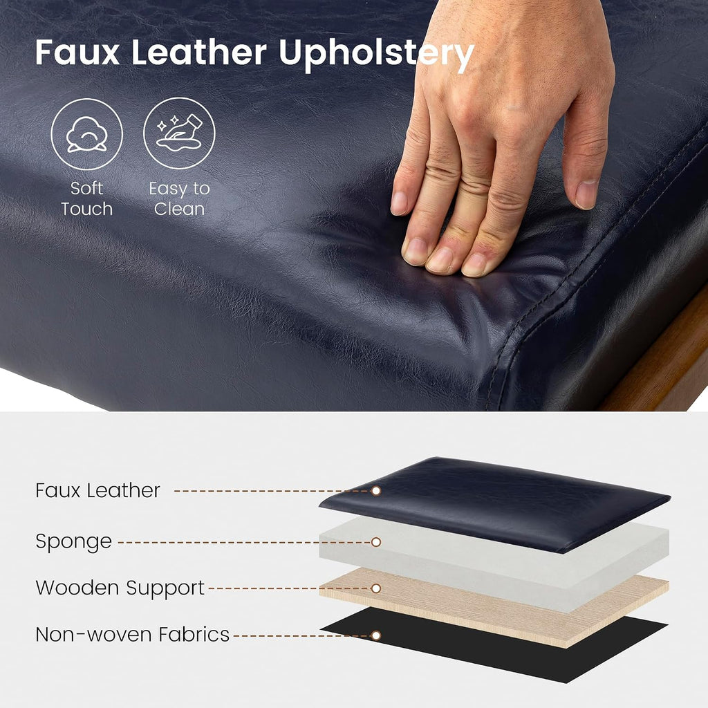 Glitzhome Foot Stool, Leatherette Wooden Step Stool, Modern Rectangle Ottoman Wide Vanity Stool with Cushion for Couch Living Room Bedroom Entryway, Navy Blue