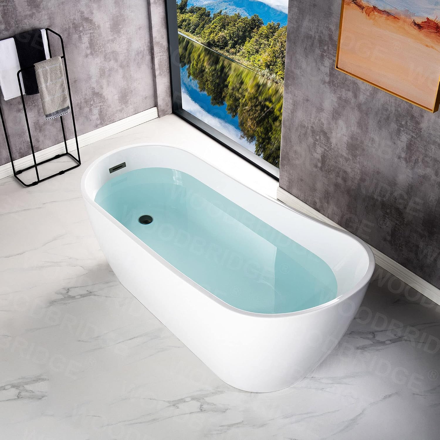WOODBRIDGE 67'Freestanding White Acylic Soaking Bathtub with White Pillow,Drain and Overflow in Matte Black,BTA1508 -MB-Drain &O+ Pillow