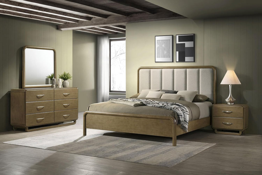 Coaster Home Furnishings Amsbury Transitional 4-Piece Bedroom Set Boucle Upholstered Queen Size Panel Bed Frame 59-inch Headboard Nutmeg 224271Q-S4