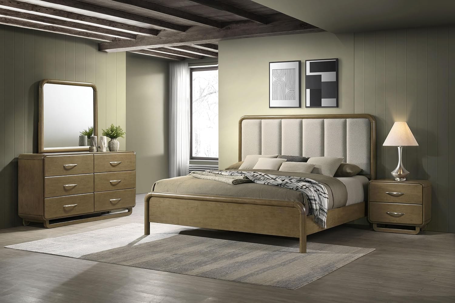 Coaster Home Furnishings Amsbury Transitional 4-Piece Bedroom Set Boucle Upholstered Queen Size Panel Bed Frame 59-inch Headboard Nutmeg 224271Q-S4