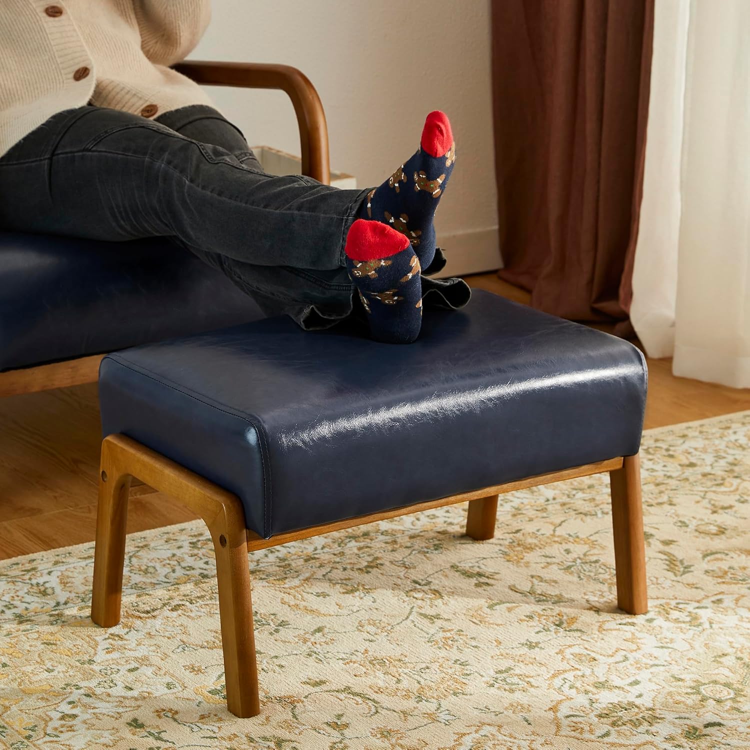 Glitzhome Foot Stool, Leatherette Wooden Step Stool, Modern Rectangle Ottoman Wide Vanity Stool with Cushion for Couch Living Room Bedroom Entryway, Navy Blue