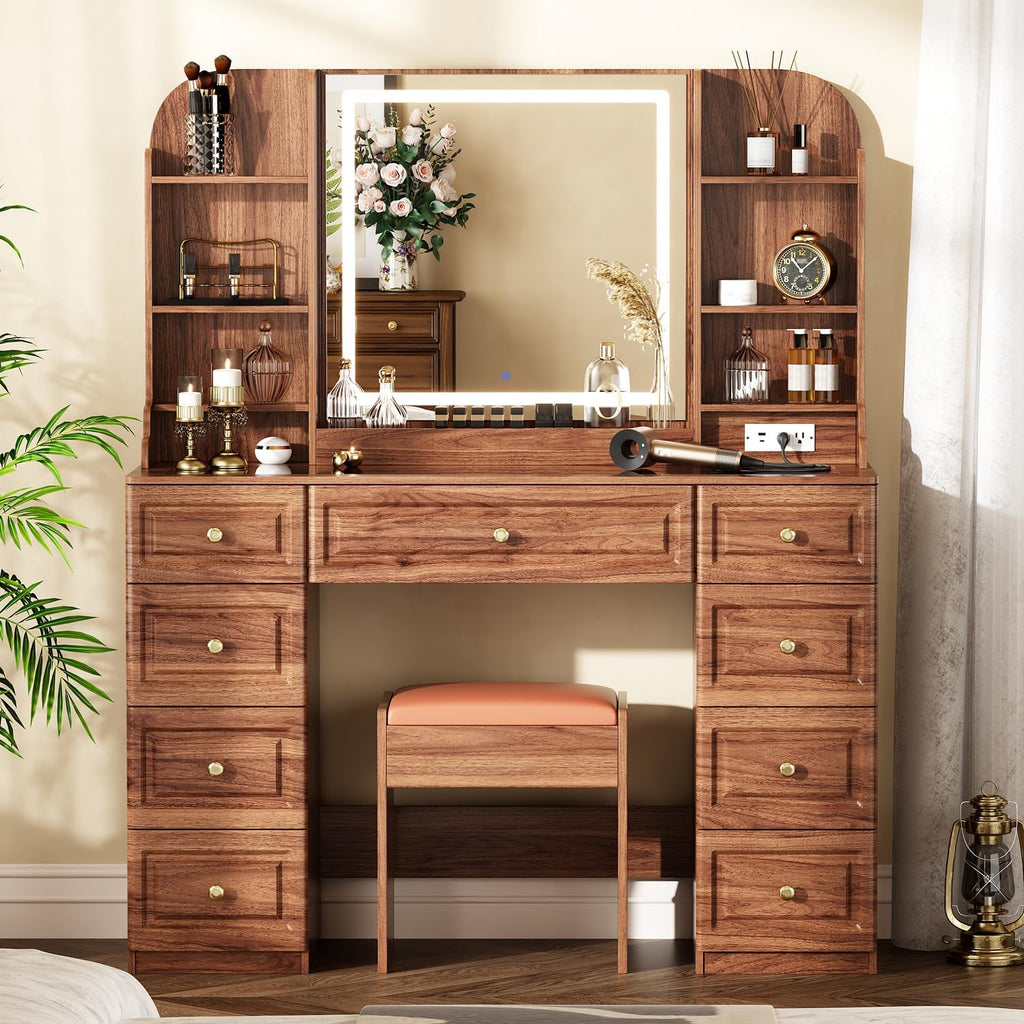 Arulvmrn 43' Makeup Vanity Desk with Mirror and Lights, & Power Outl, Glass Top Big Vanity Table with 9 Drawers& 8 Storage Shelves, Dressing Table Set with Chair for Bedroom, Brown